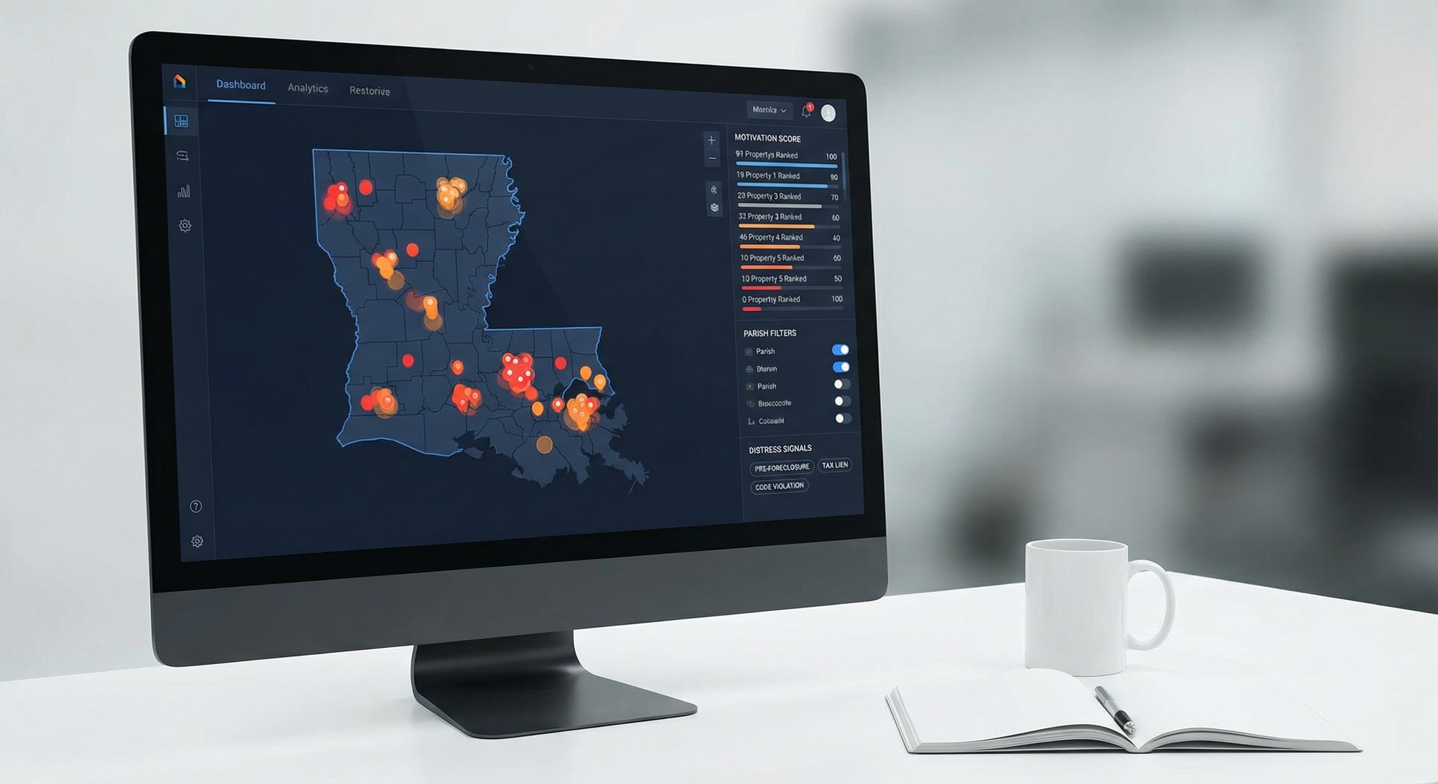 Motivation score dashboard showing Louisiana property map with distress signal pins