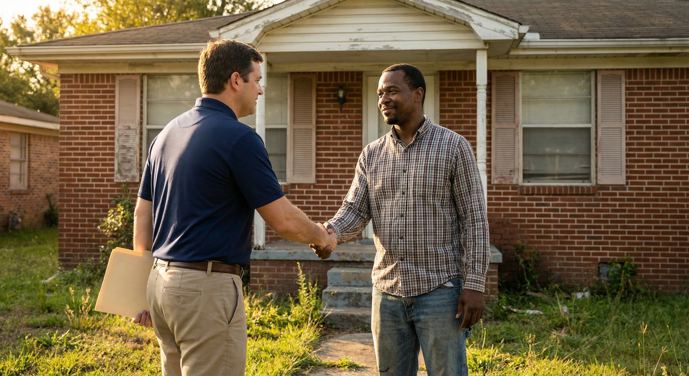 Investor and homeowner shaking hands at property steps in Baton Rouge Louisiana