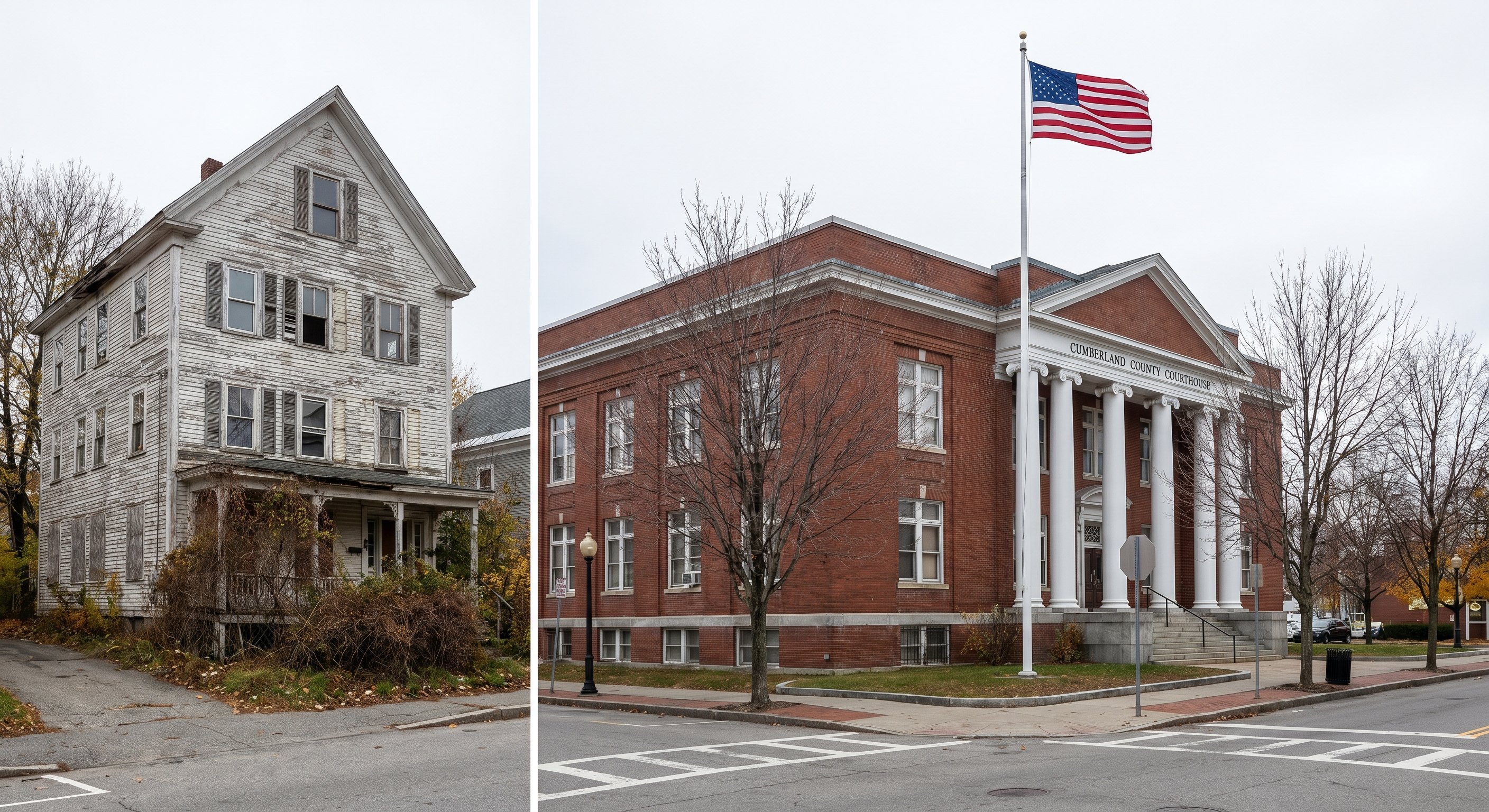 Maine county courthouse exterior, reflecting the judicial nature of the foreclosure process