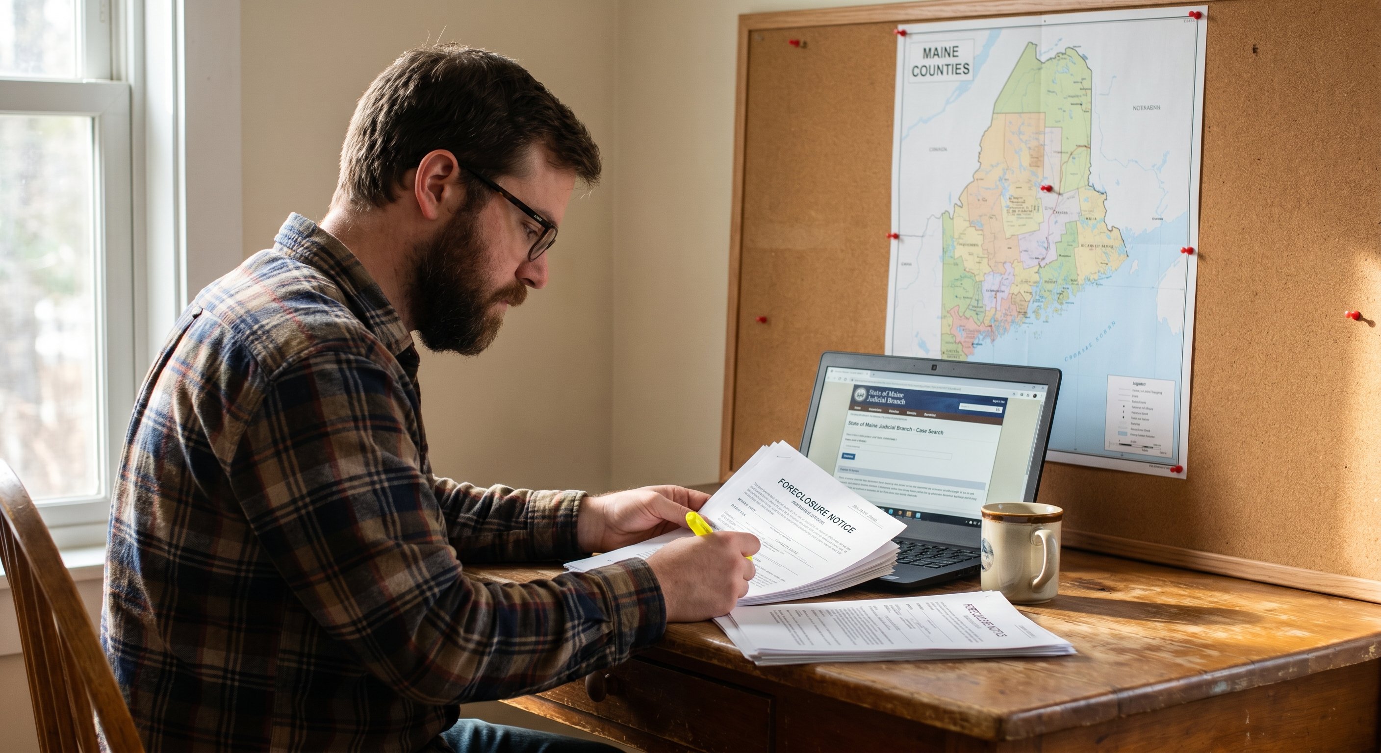 Investor reviewing Maine county records and foreclosure documents at a desk