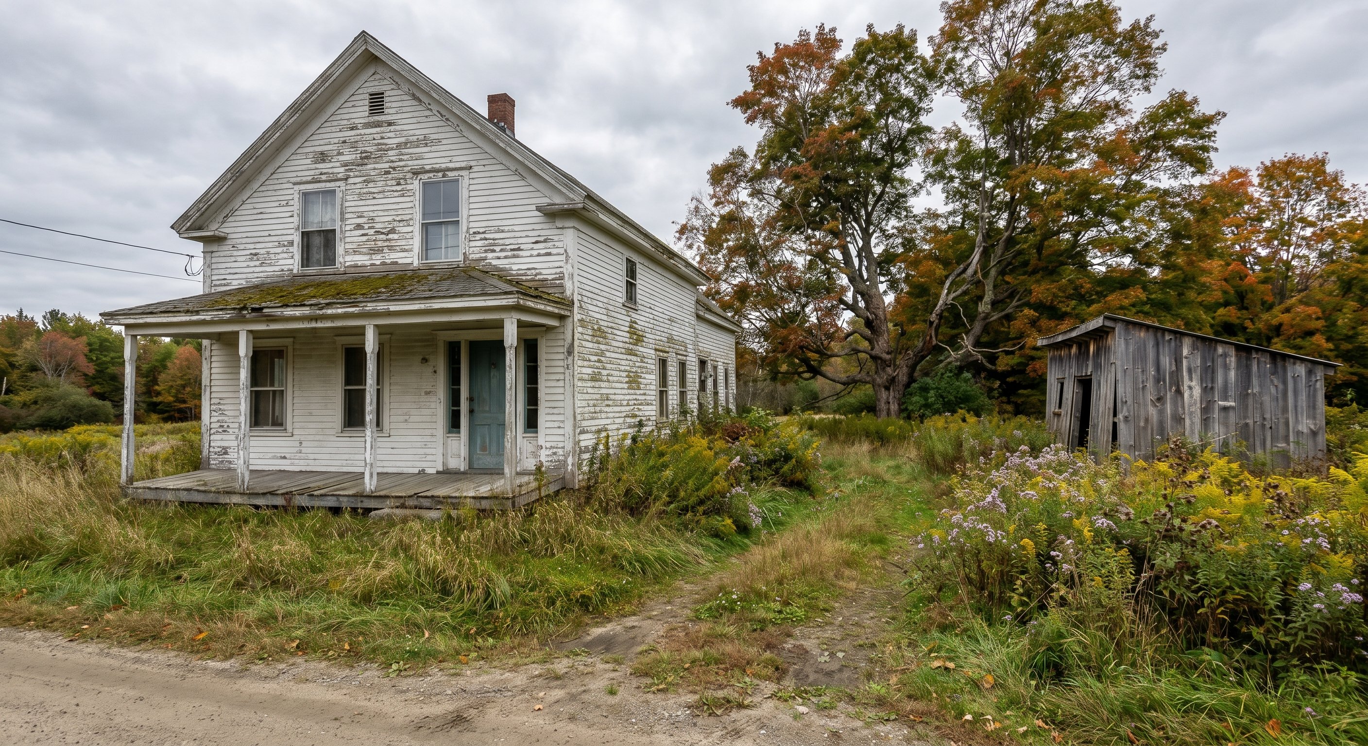 Rural Maine farmhouse showing deferred maintenance but structural integrity