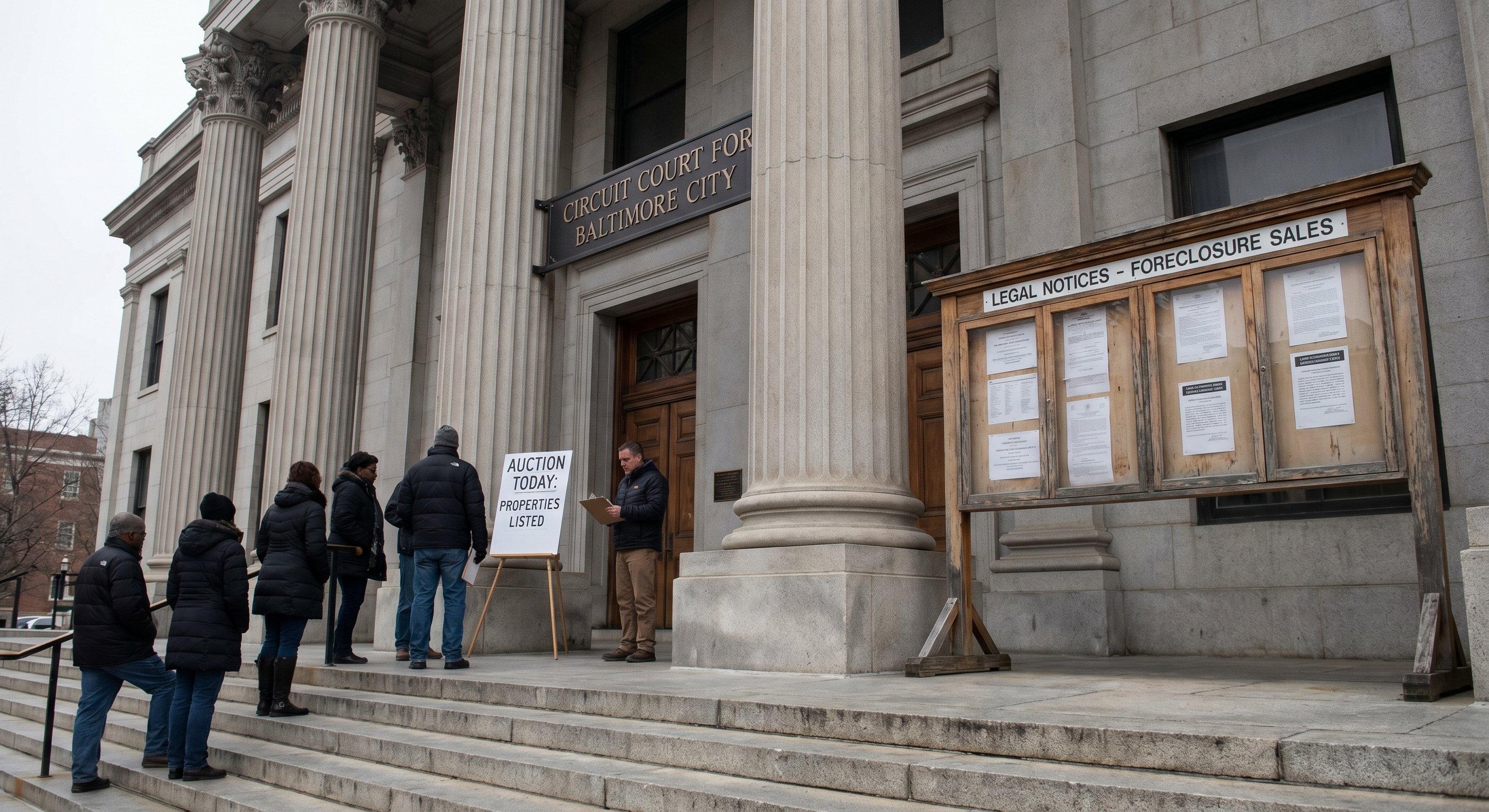 Maryland circuit court courthouse with columns and posted legal notices
