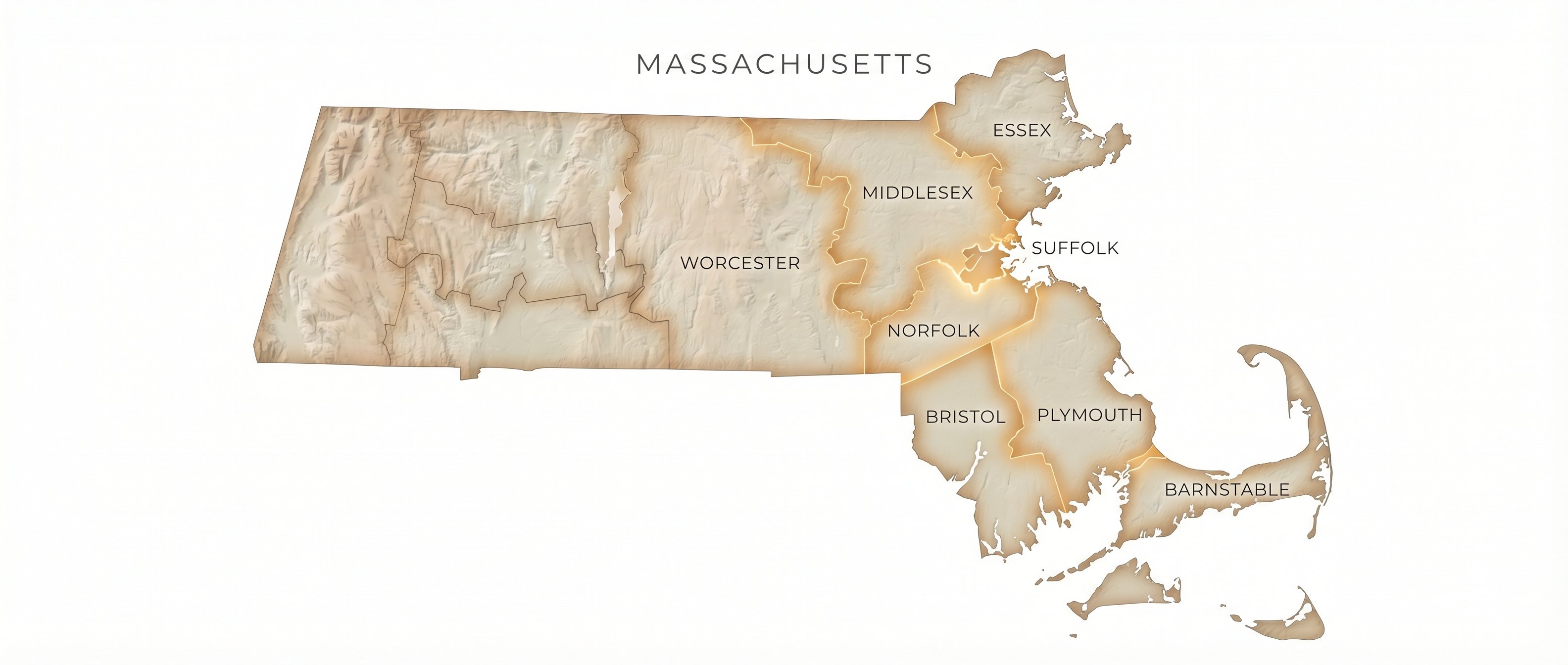 Massachusetts map with highlighted counties showing investor activity zones
