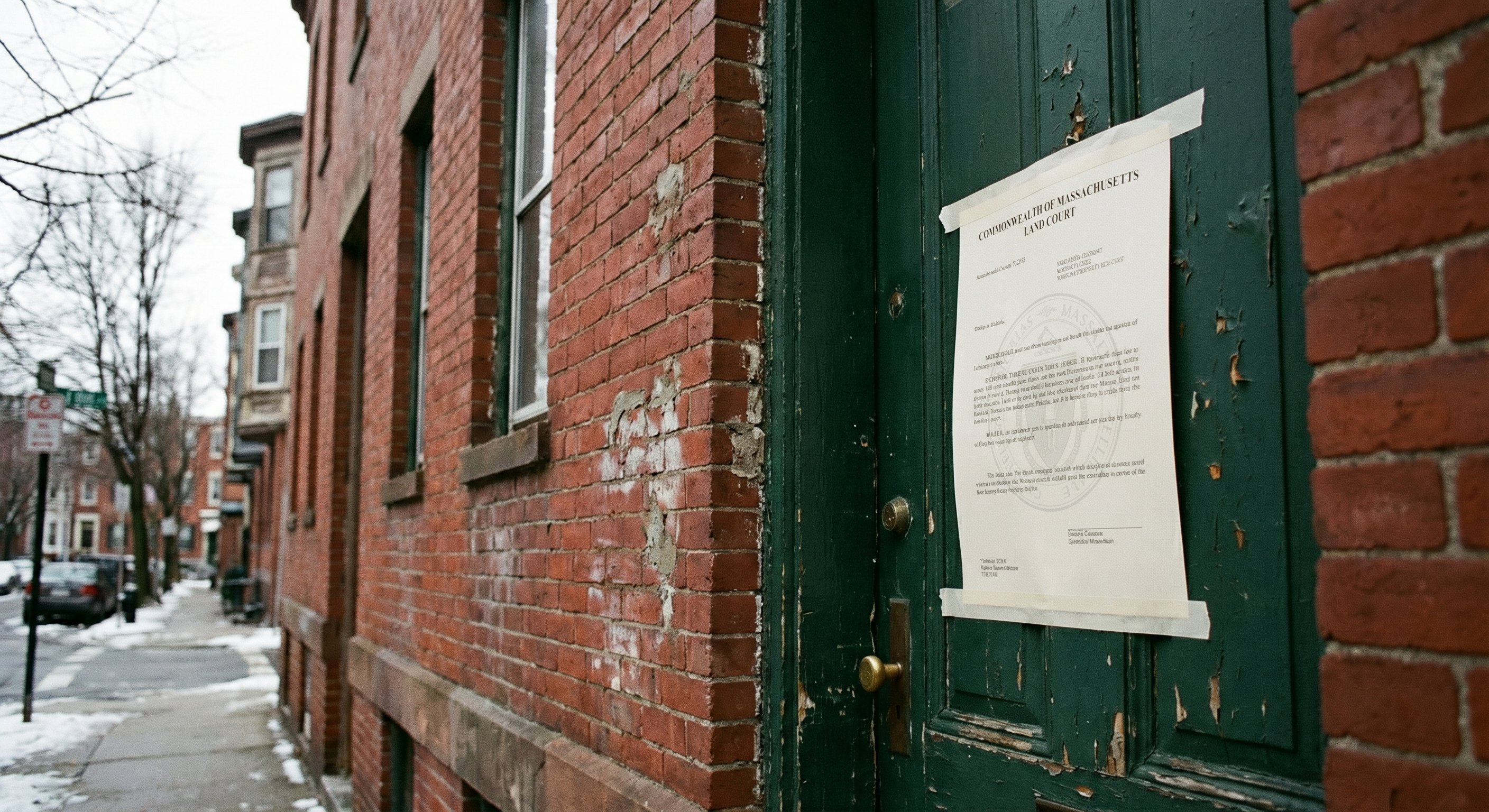 Pre-foreclosure single-family home in a Massachusetts neighborhood showing visible deferred maintenance