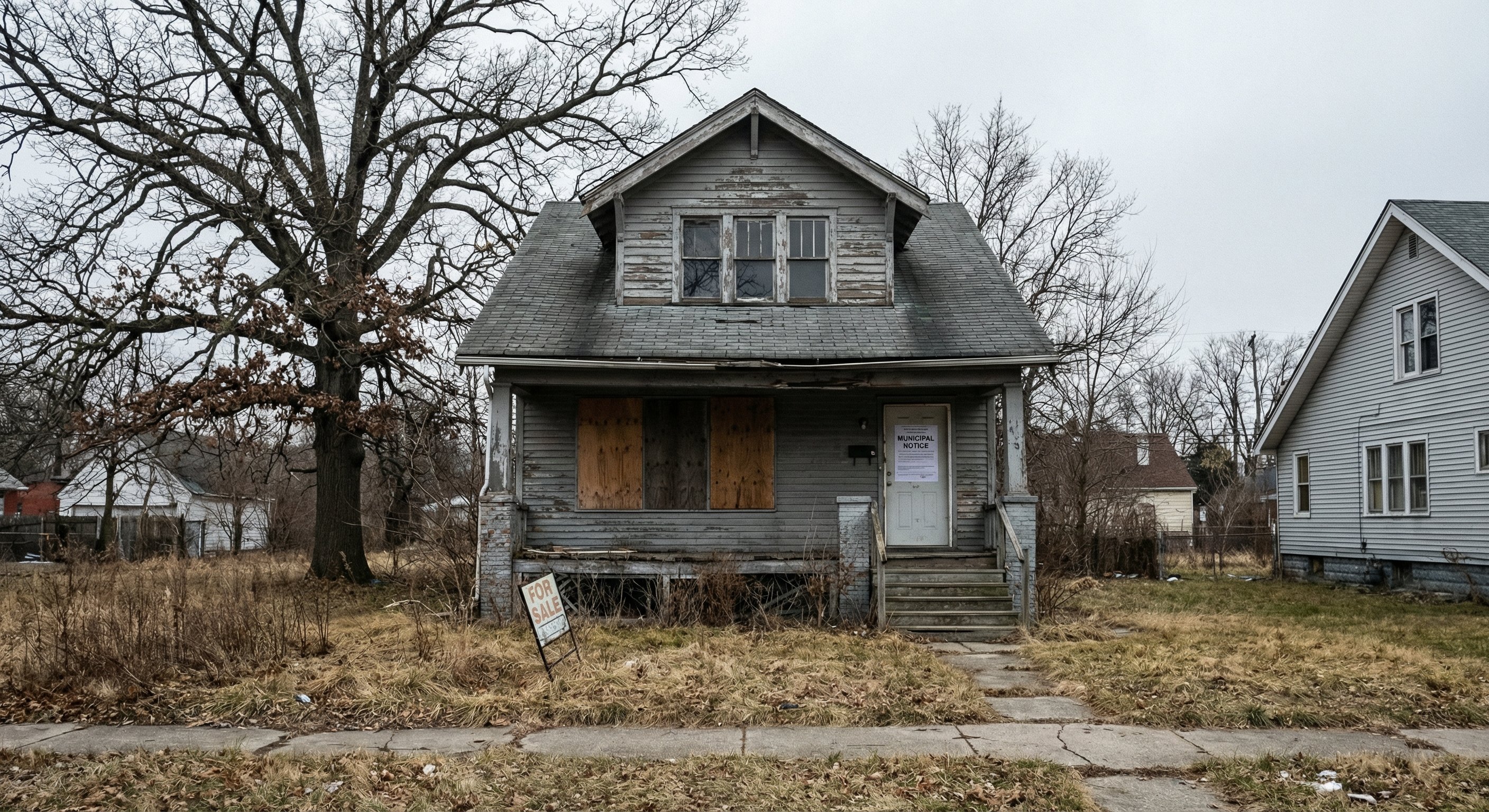 Foreclosed Craftsman bungalow in Detroit, Michigan with boarded windows and municipal notice on the door