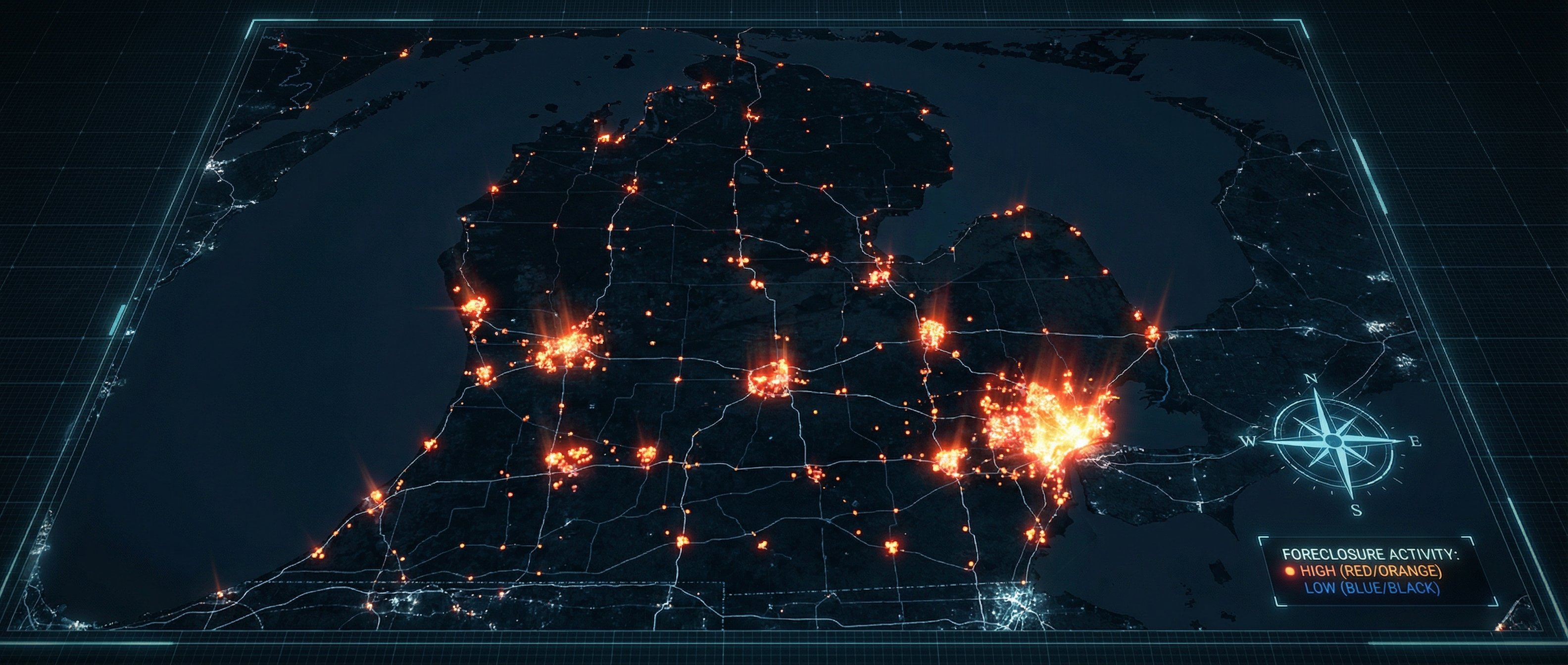Michigan foreclosure heat map showing high-signal clusters over Detroit metro, Grand Rapids, and Ann Arbor