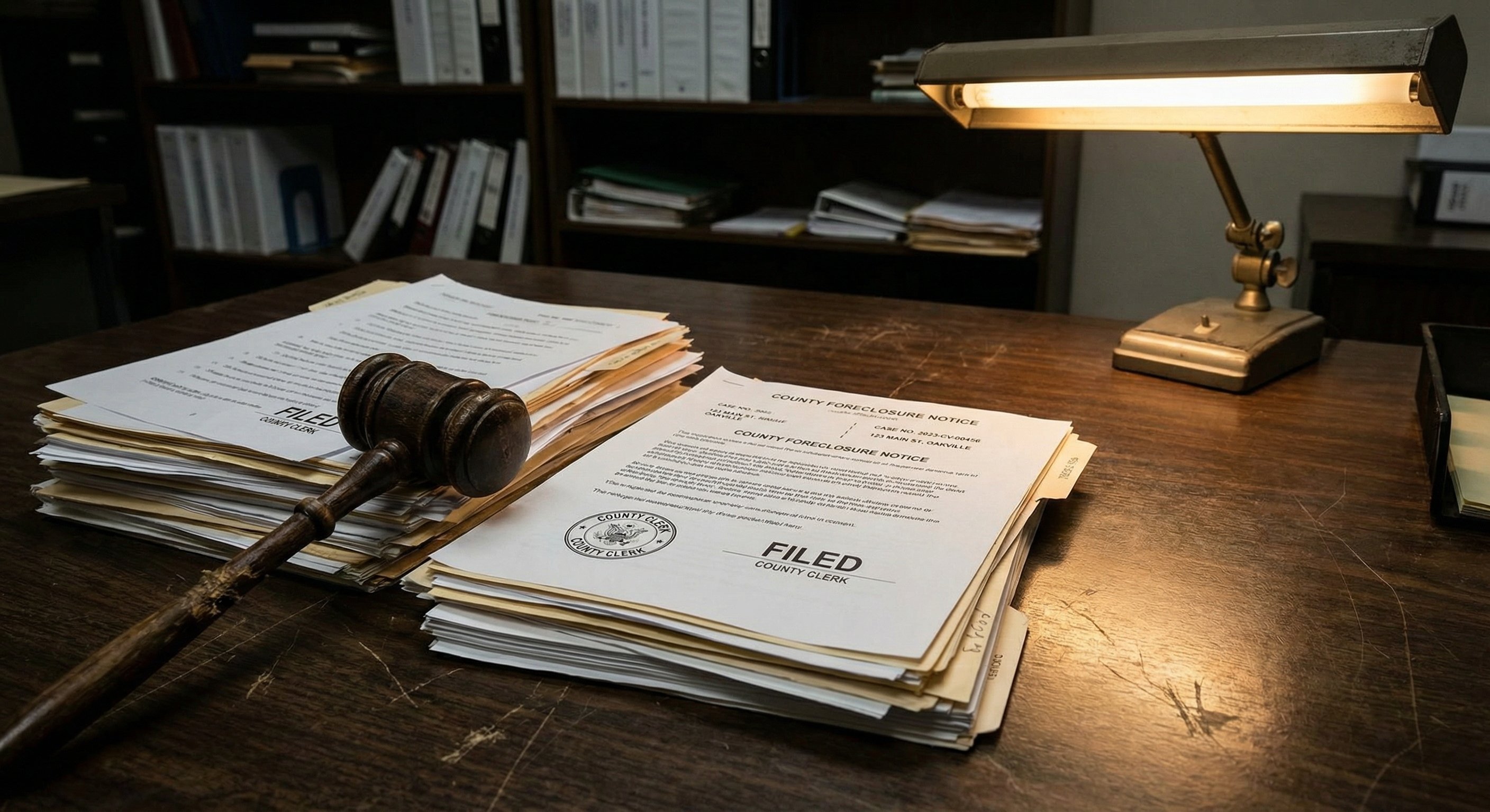County foreclosure notice documents and auction gavel on desk in a government office setting