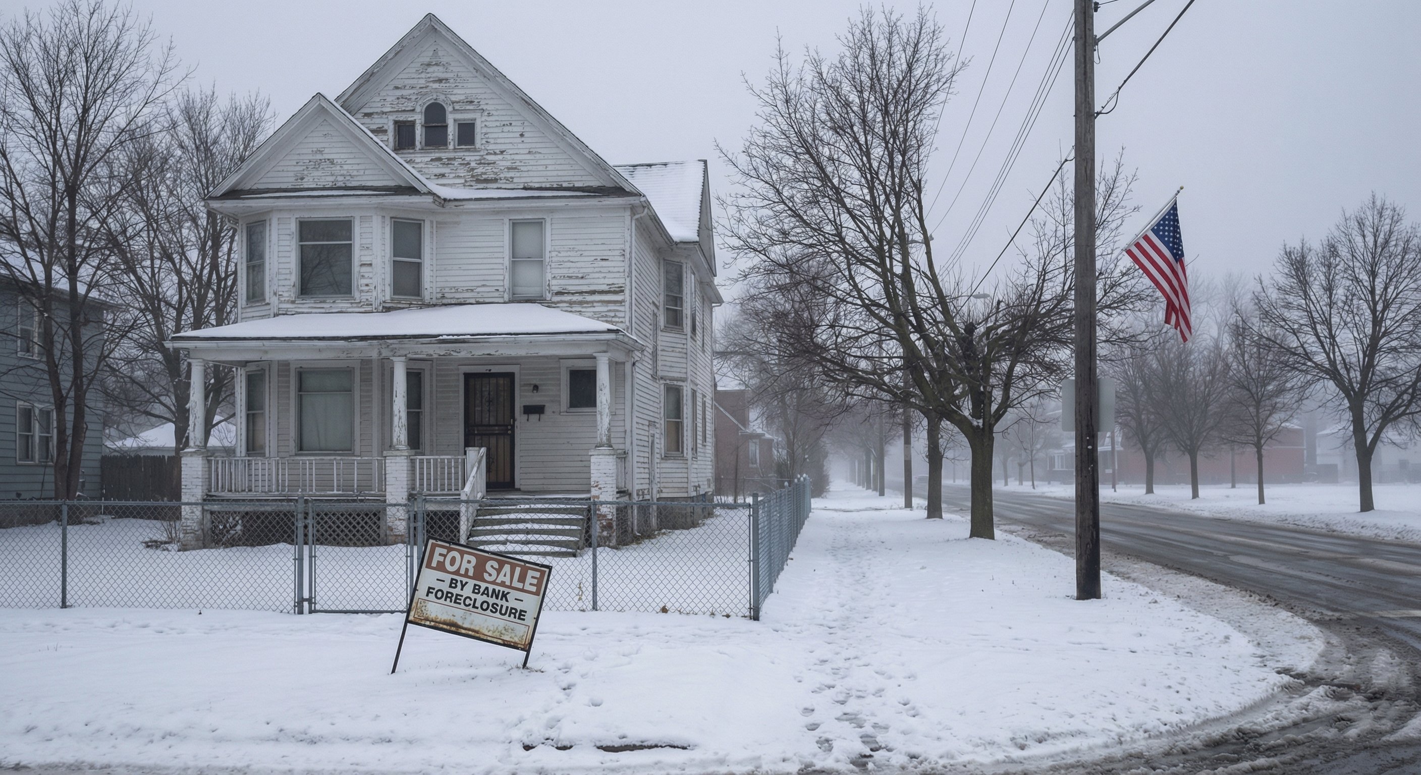 Victorian duplex in a Michigan urban neighborhood with a for-sale-by-bank sign in snow-covered front yard