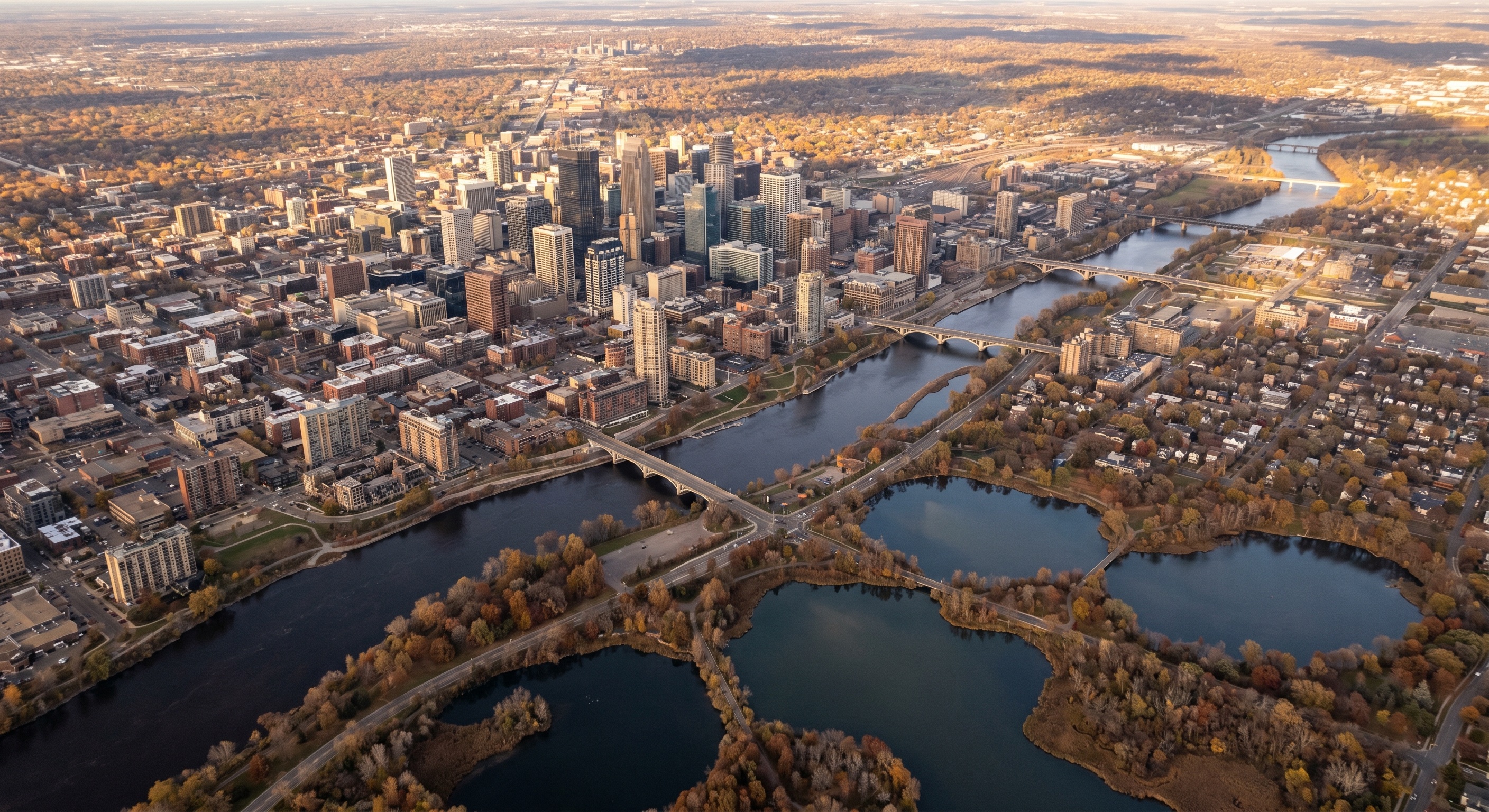 Aerial view of downtown Minneapolis and the Mississippi River from 800 feet, showing the Minneapolis skyline and densely built urban core