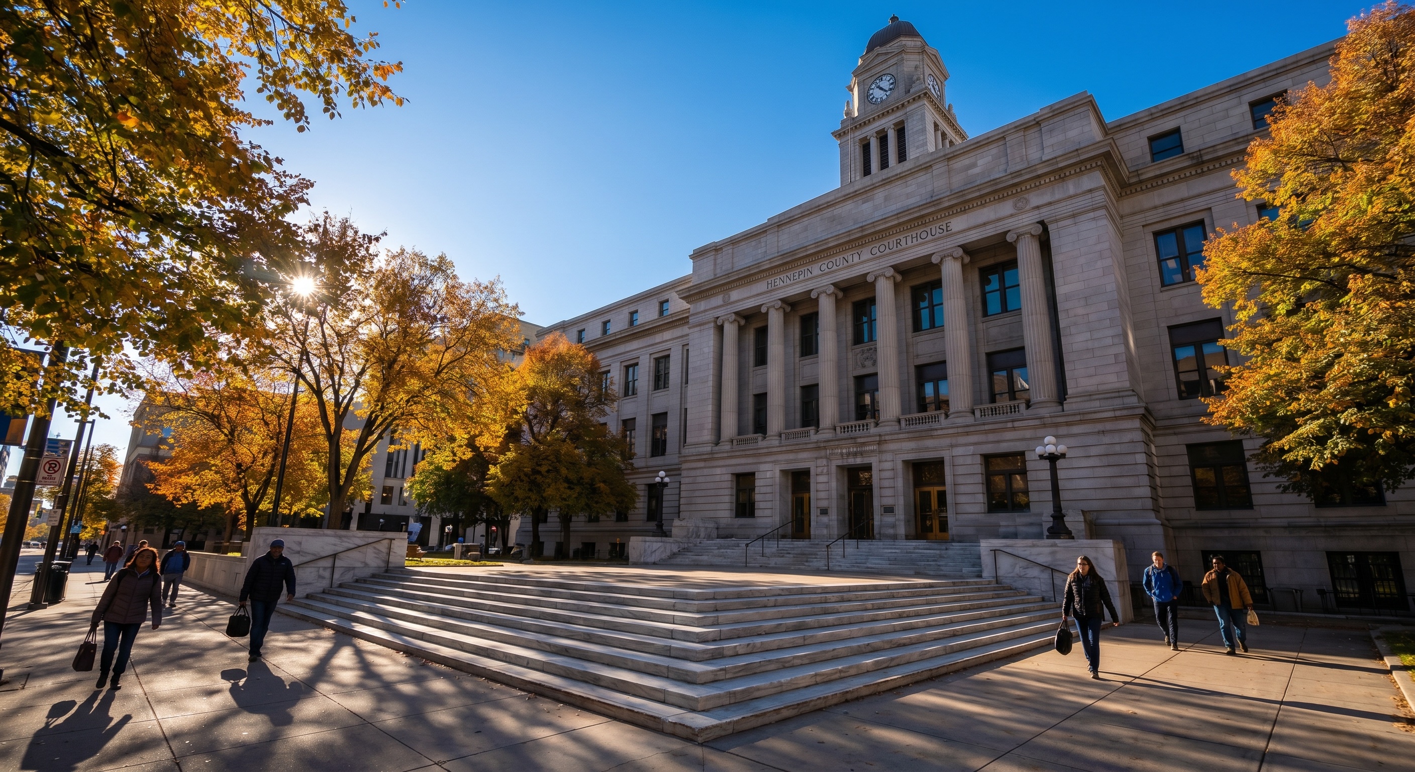 Hennepin County Courthouse in Minneapolis, historic stone facade and wide marble steps, classical government architecture
