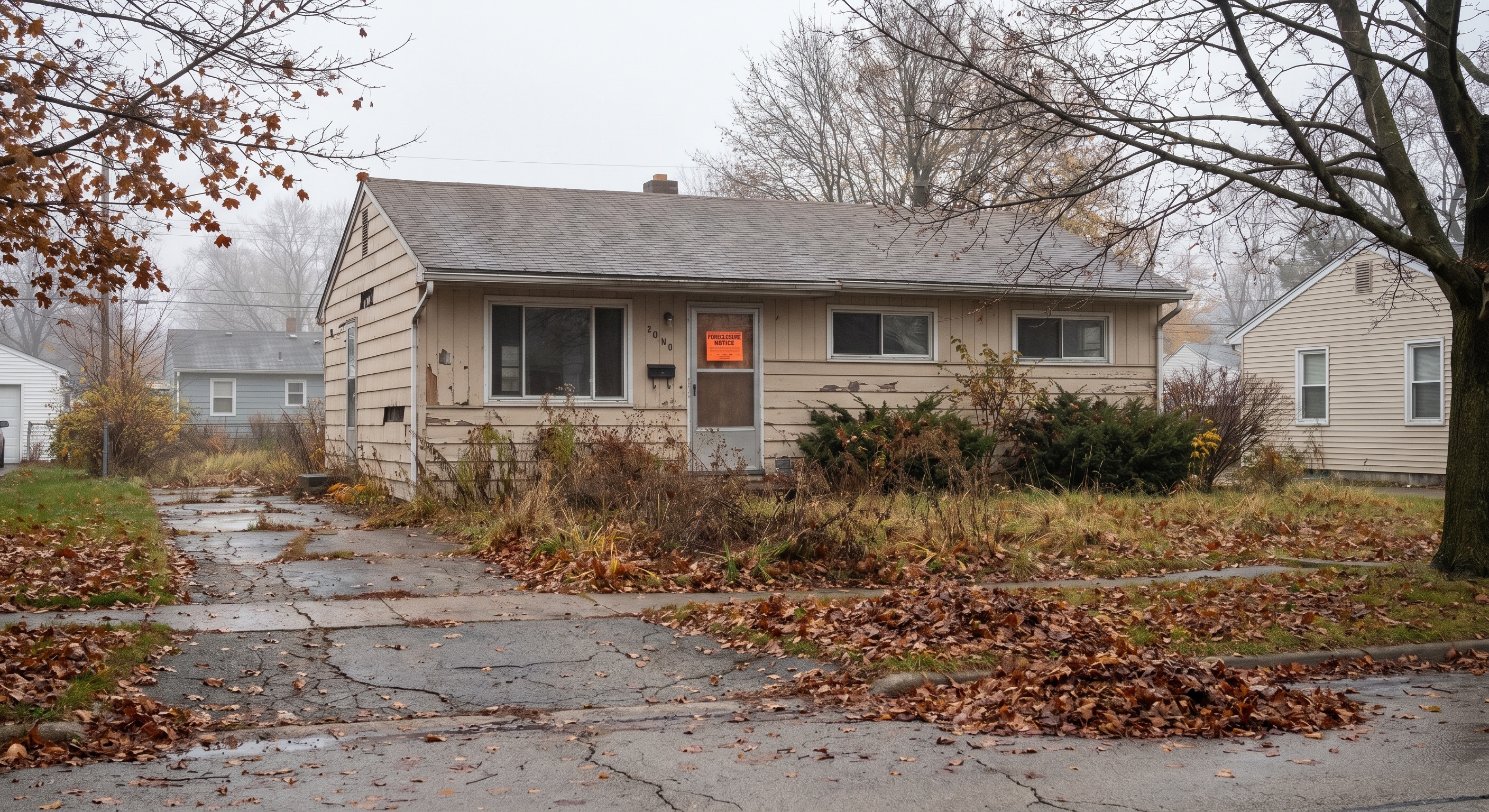 Vacant midwestern ranch home with an overgrown lawn and faded foreclosure notice posted on the front door, autumn setting