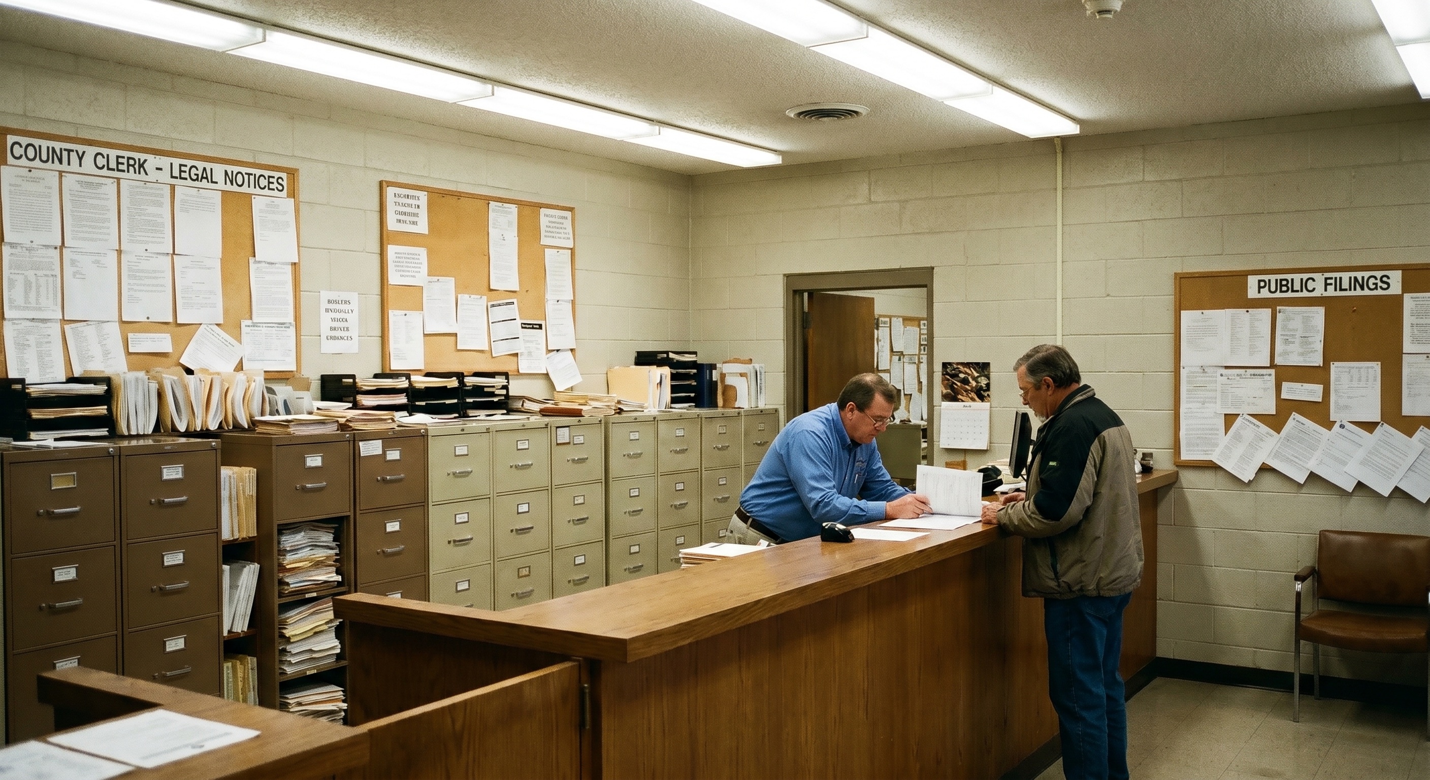 County government records office interior, public counter with legal document filing cabinets, clerk helping a citizen