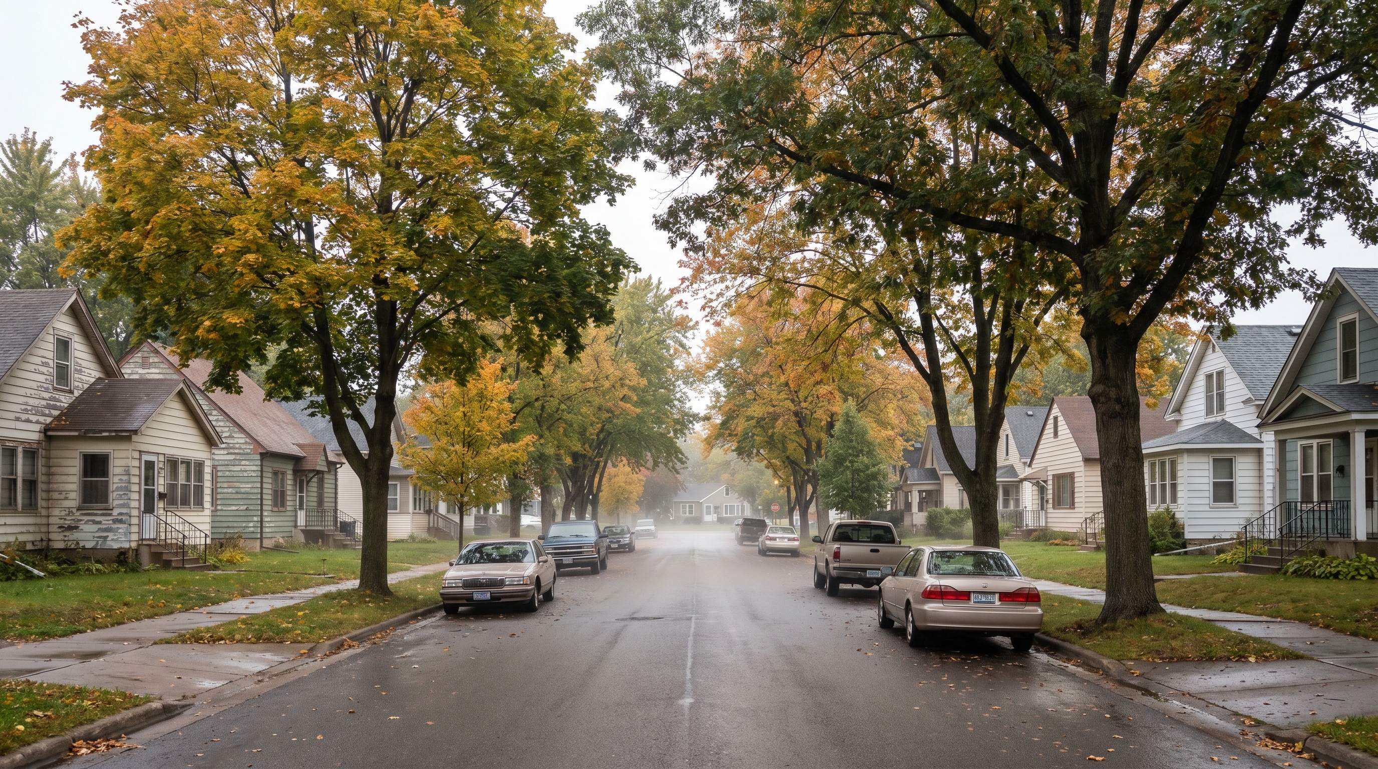 Residential Minneapolis neighborhood street in early autumn, suburban block with single-family homes, trees turning yellow and orange