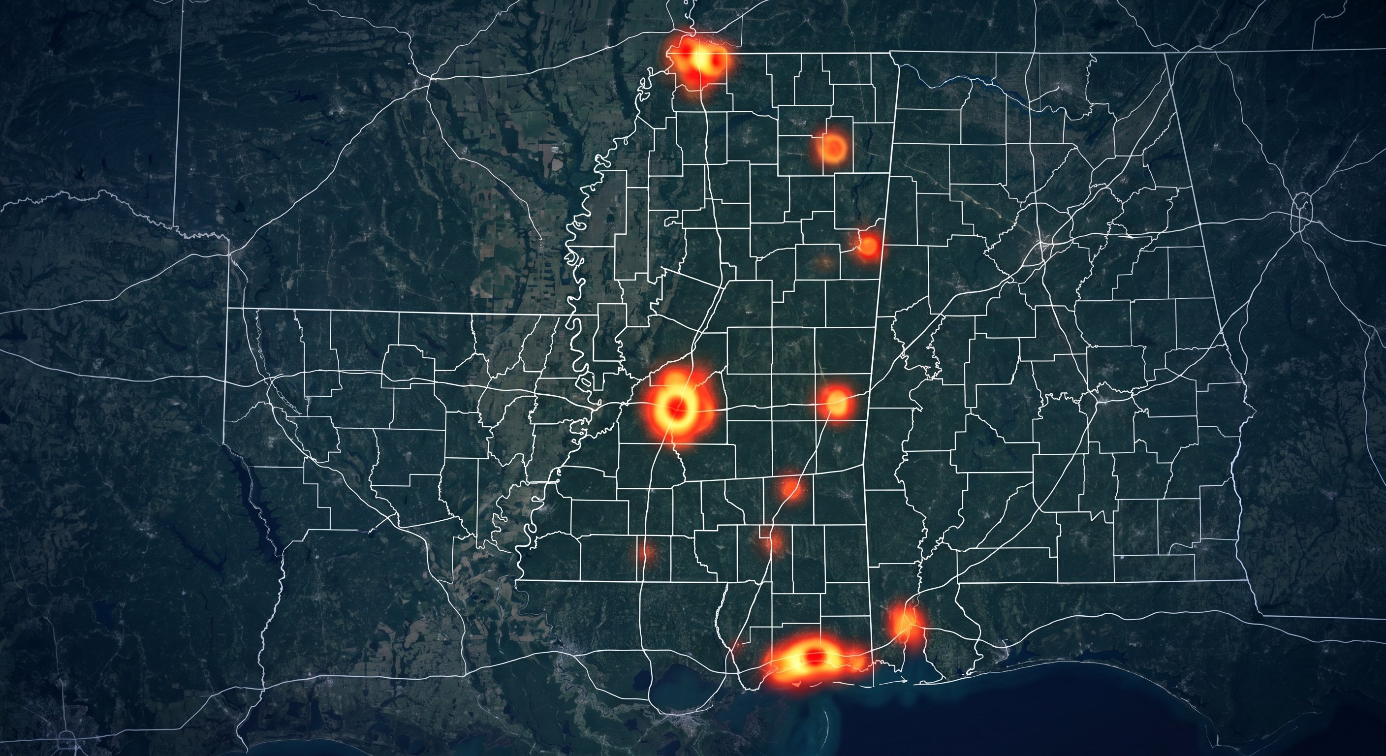 Heat map of Mississippi showing foreclosure concentration in Hinds, DeSoto, Harrison, and Rankin counties