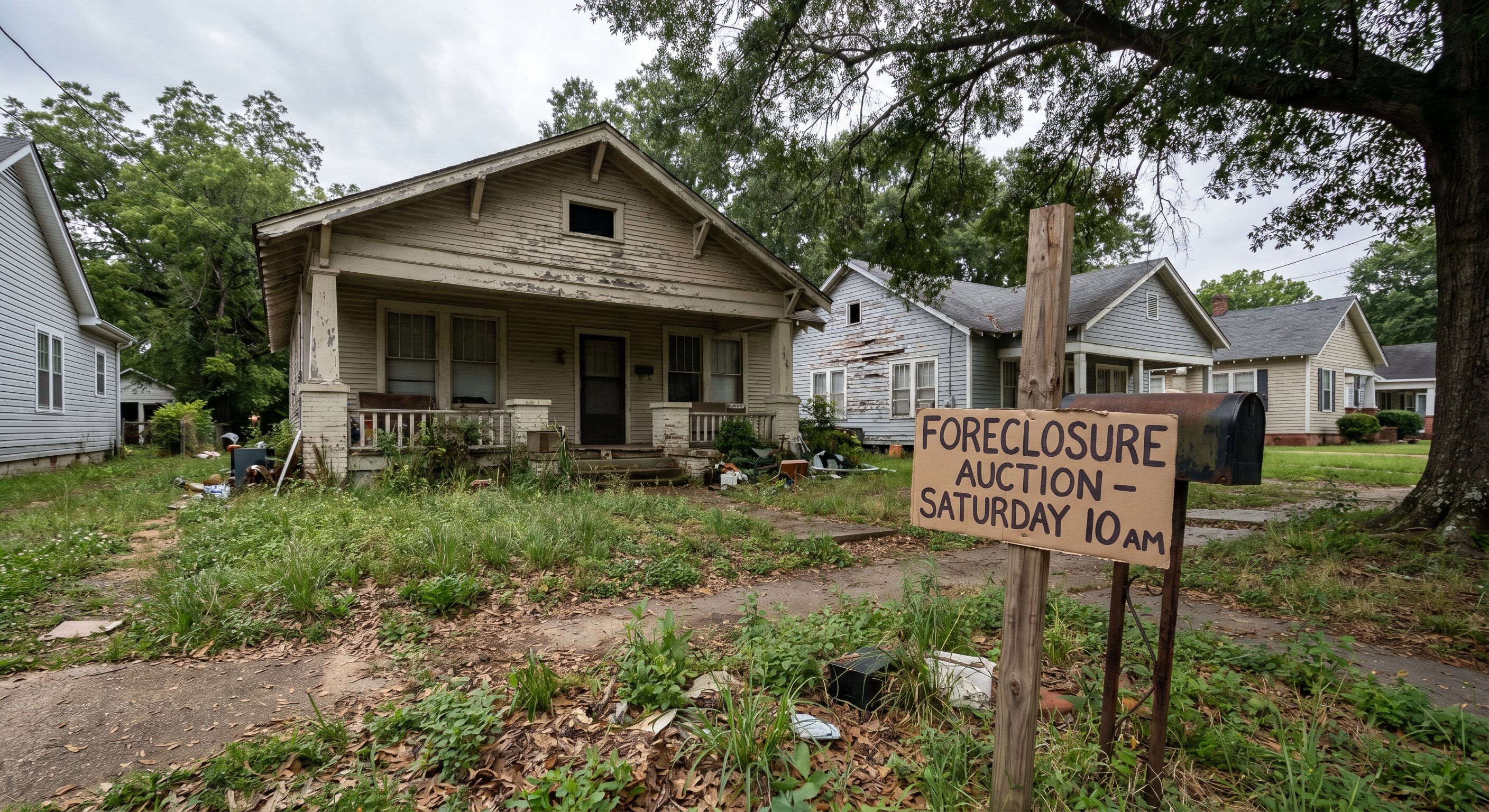 Foreclosure auction sign on a Mississippi property with FORECLOSURE AUCTION sign on wooden stake