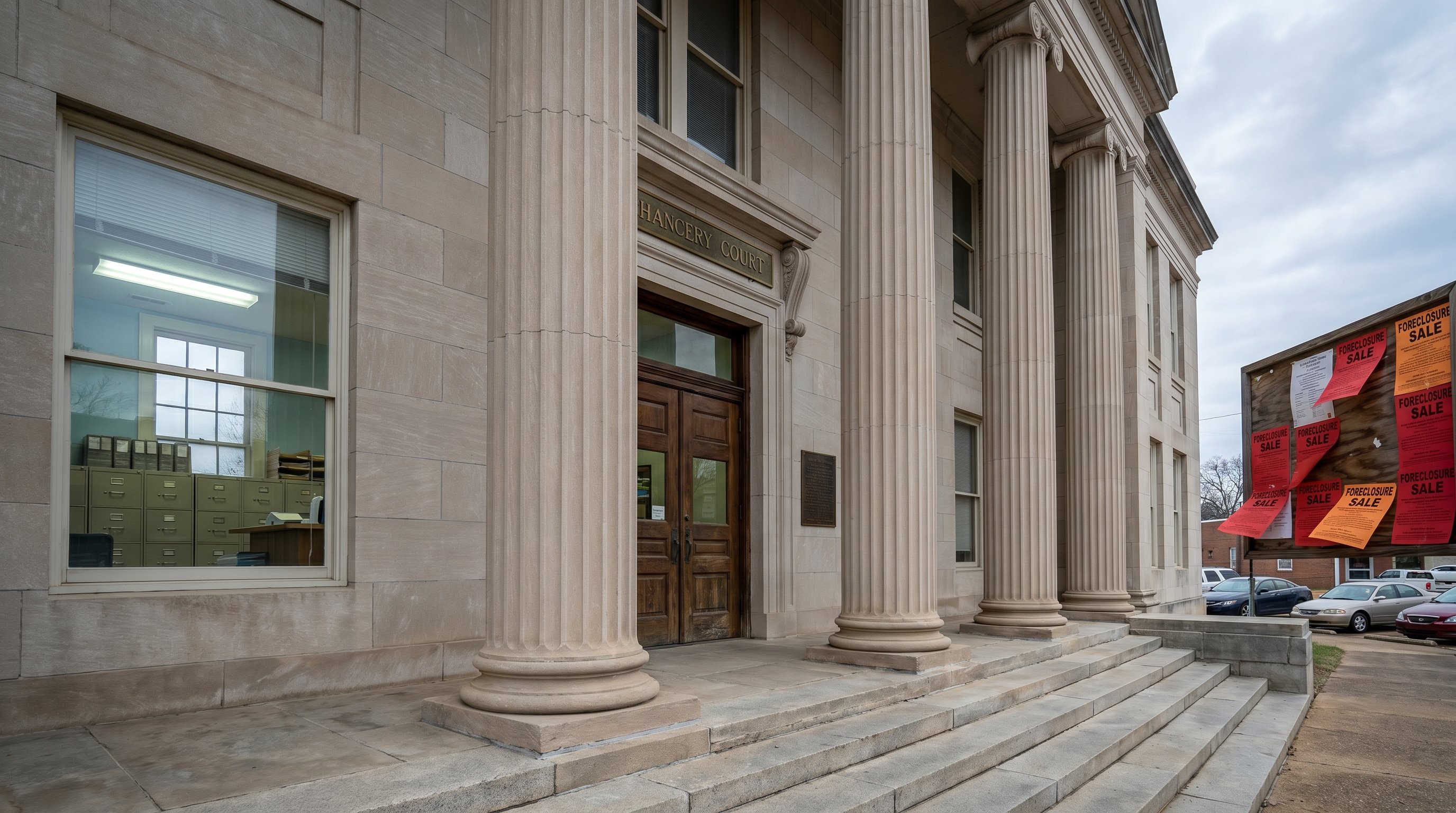 Mississippi Chancery Court courthouse exterior with FORECLOSURE SALE notices posted on bulletin board