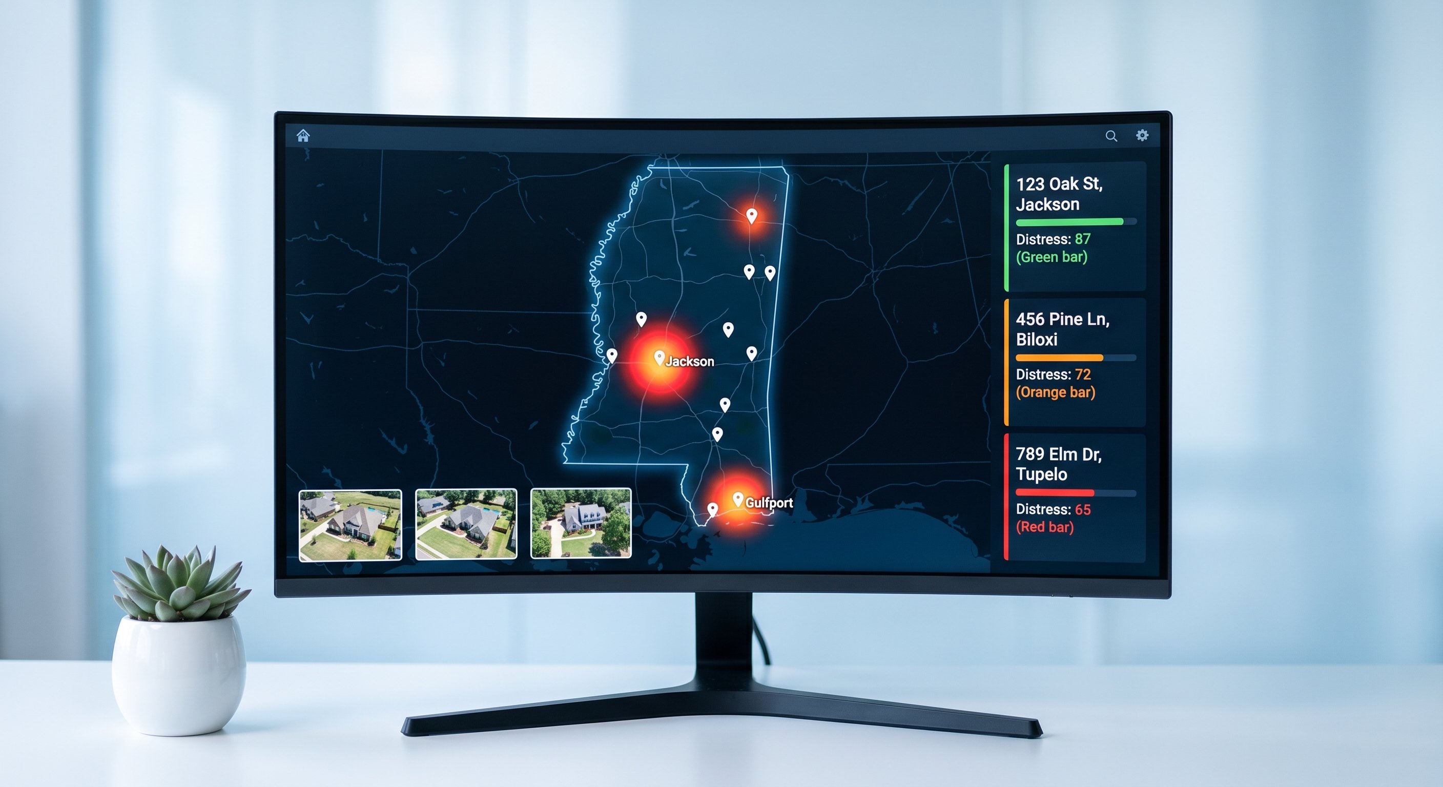 DistressIQ property intelligence dashboard showing Mississippi distressed property leads with heat map and distress scores