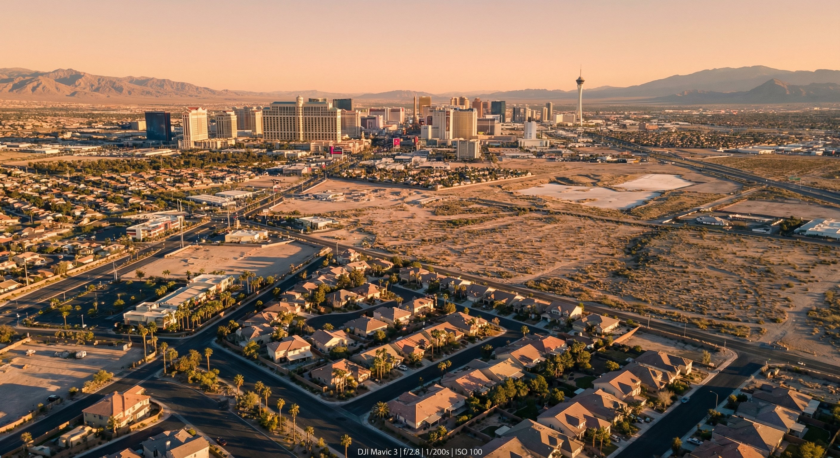 Aerial view of Las Vegas metropolitan area at golden hour