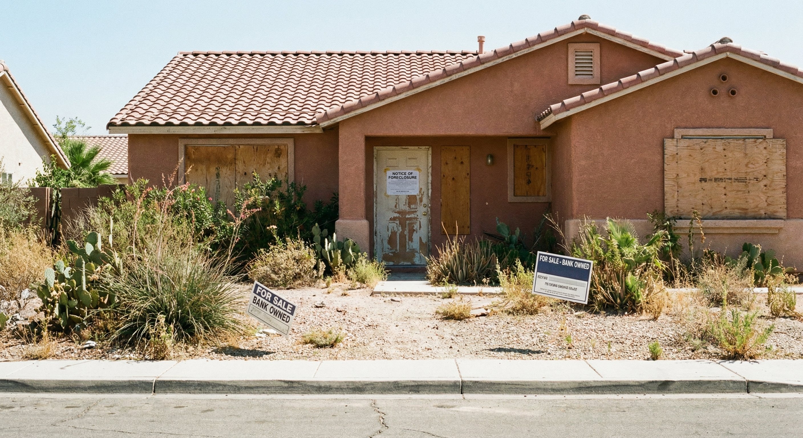 Suburban Nevada home showing signs of vacancy and exterior neglect