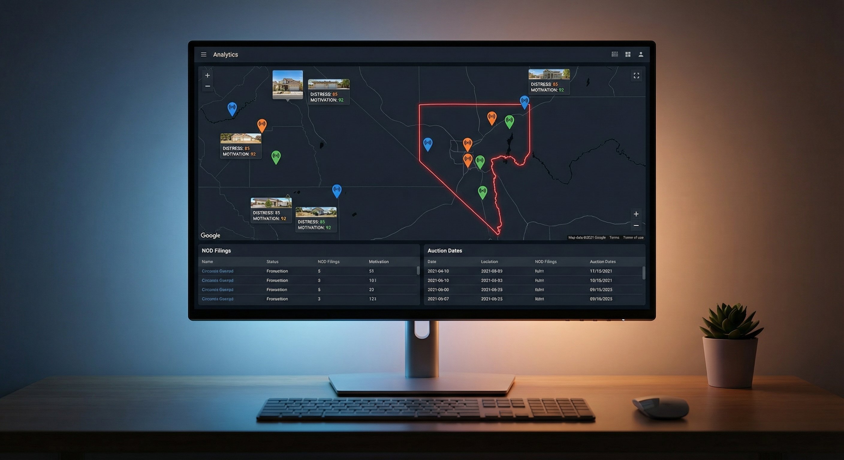Data visualization concept showing distressed property signals across Nevada counties