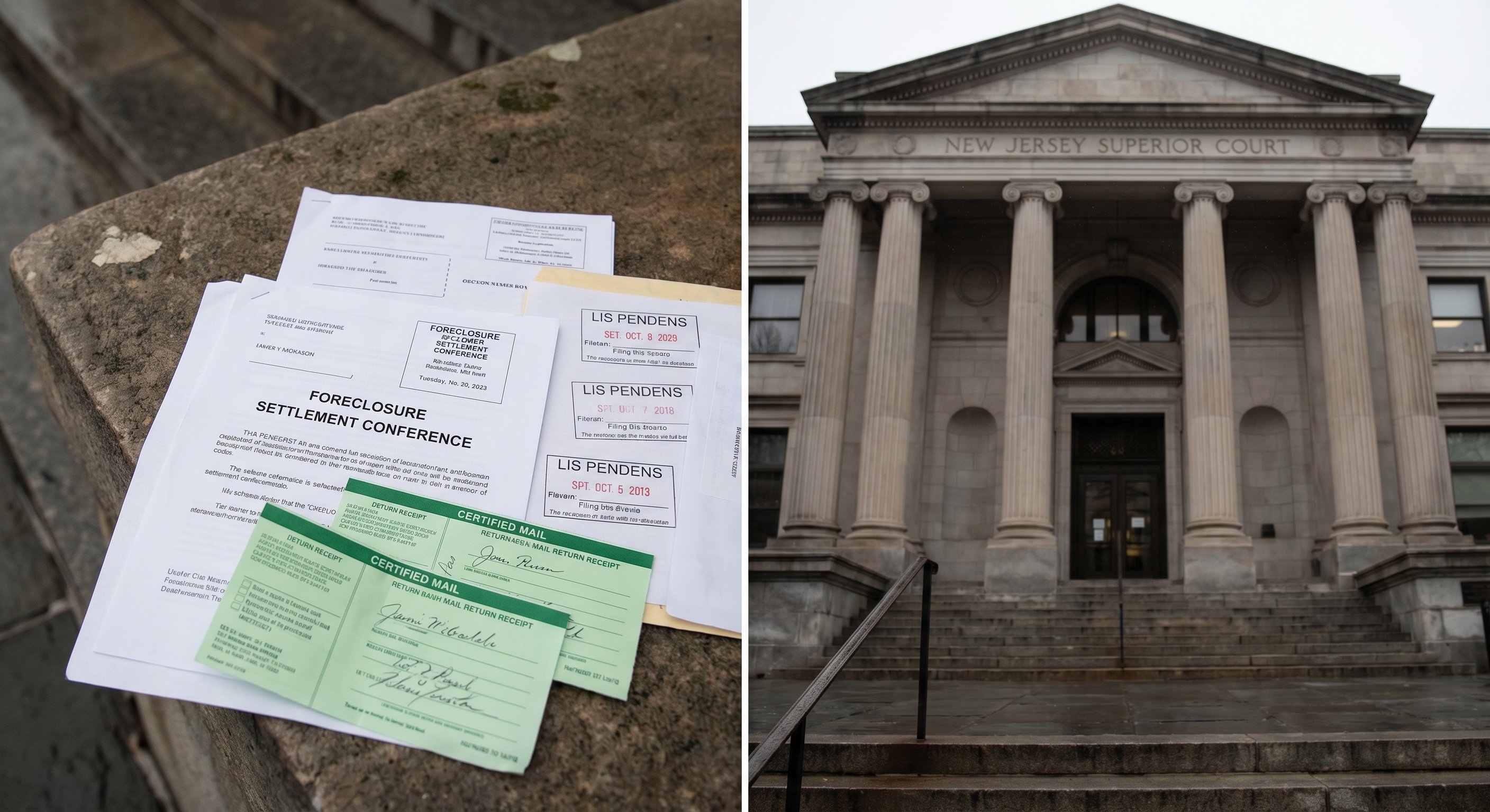 Legal documents and courthouse concepts for NJ foreclosure