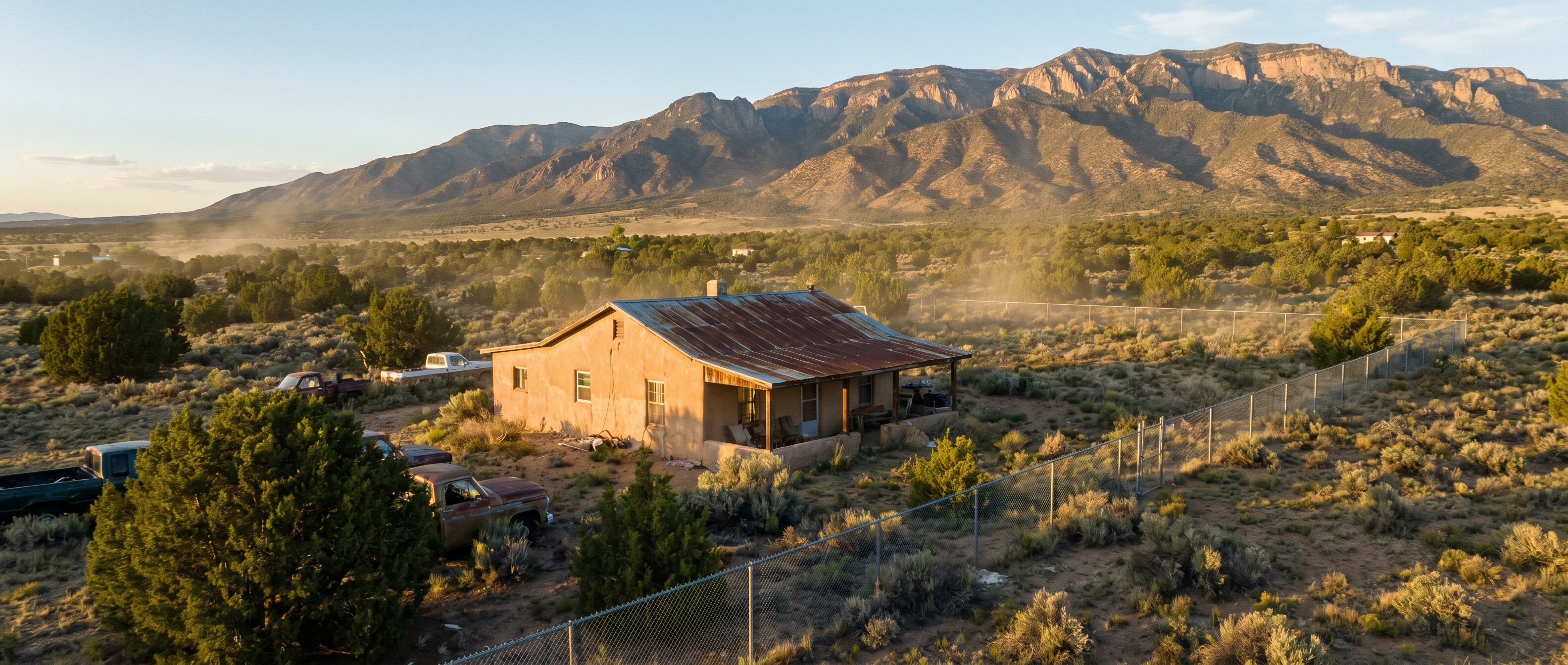 Cinematic aerial photograph of rural New Mexico high desert with a slightly distressed stucco home on desert scrubland, dramatic Sandia Mountains in the background, golden hour lighting