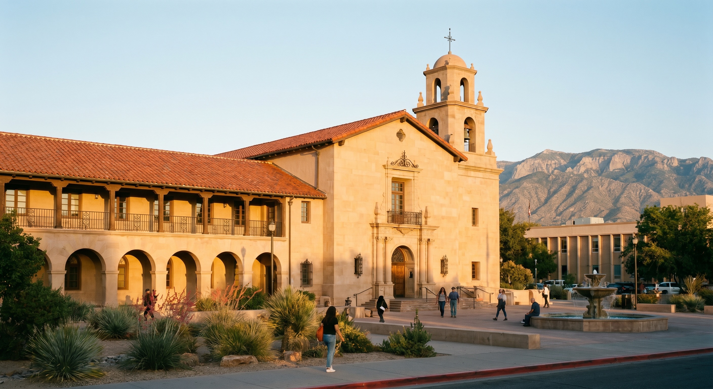 Professional photograph of the Bernalillo County Courthouse in Albuquerque New Mexico, sandstone colonial Spanish architecture, afternoon sun