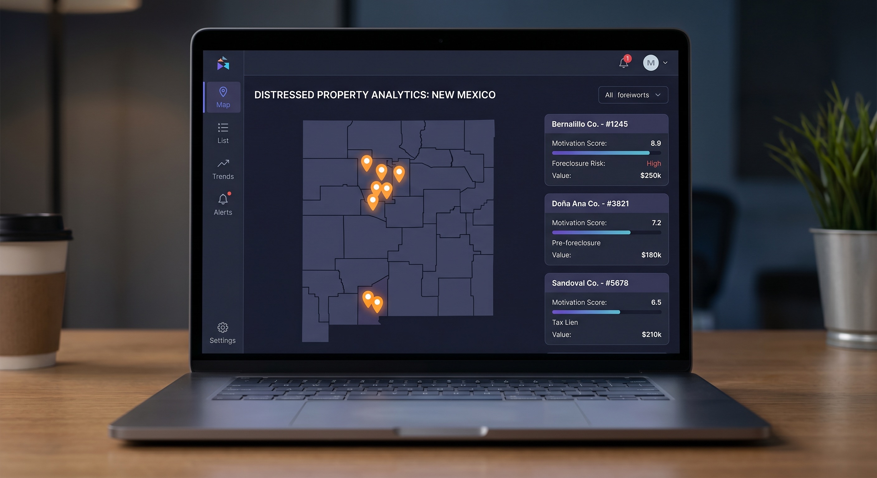 Dark-themed analytics dashboard showing New Mexico distressed property data across Bernalillo Doña Ana and Sandoval counties, motivation scores on property cards
