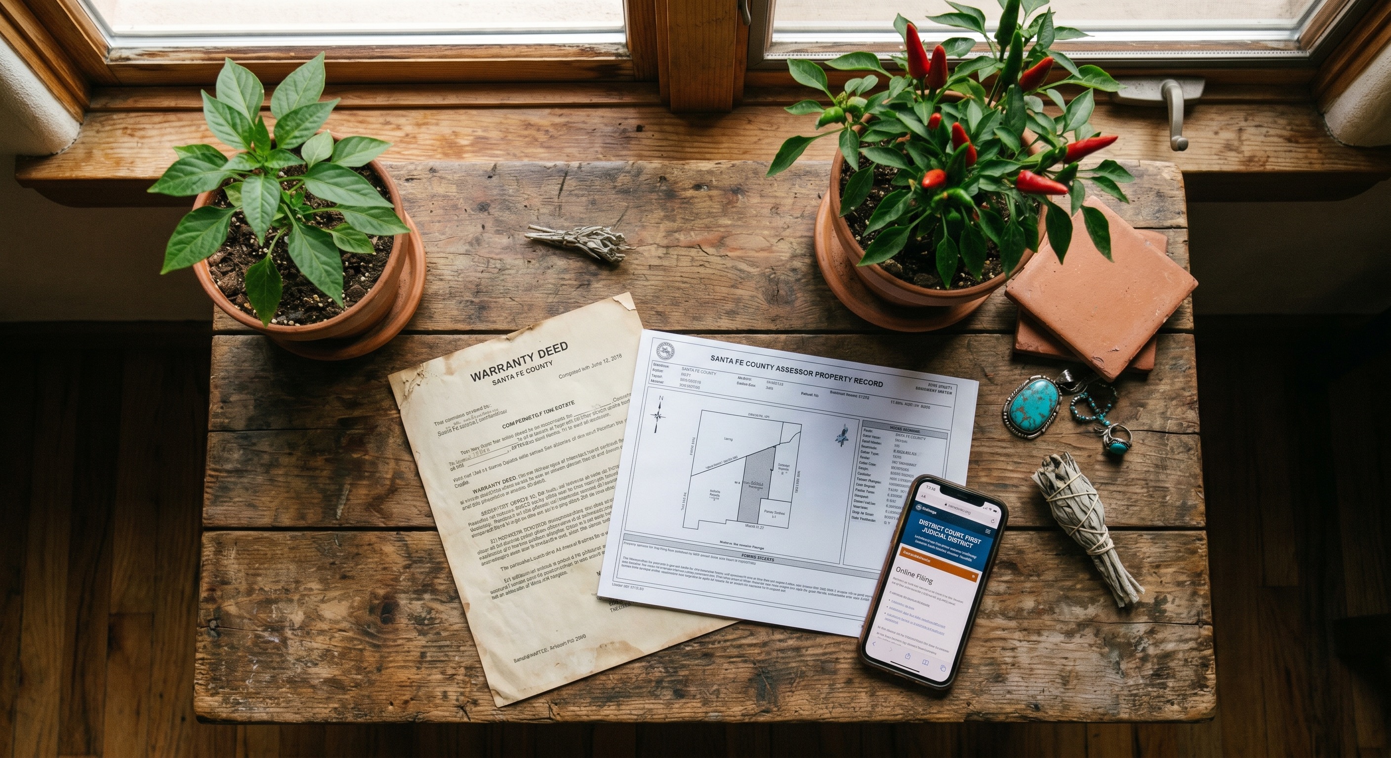 Overhead flat-lay photograph of New Mexico real estate documents on a wooden table with property deed, county assessor printout, and court filing screenshot
