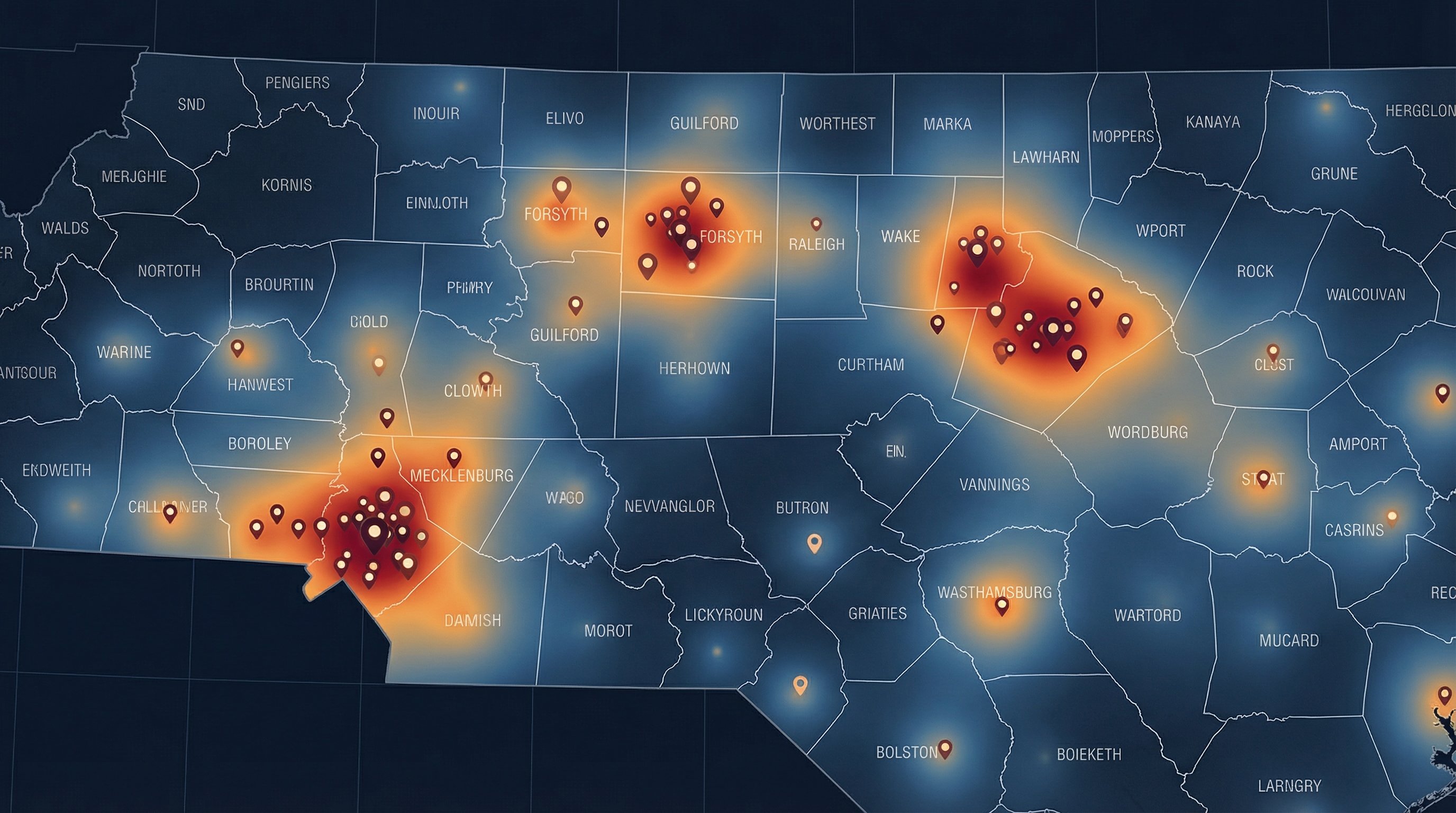 Stylized North Carolina state map showing foreclosure signal density across major metro counties including Mecklenburg, Wake, and Guilford