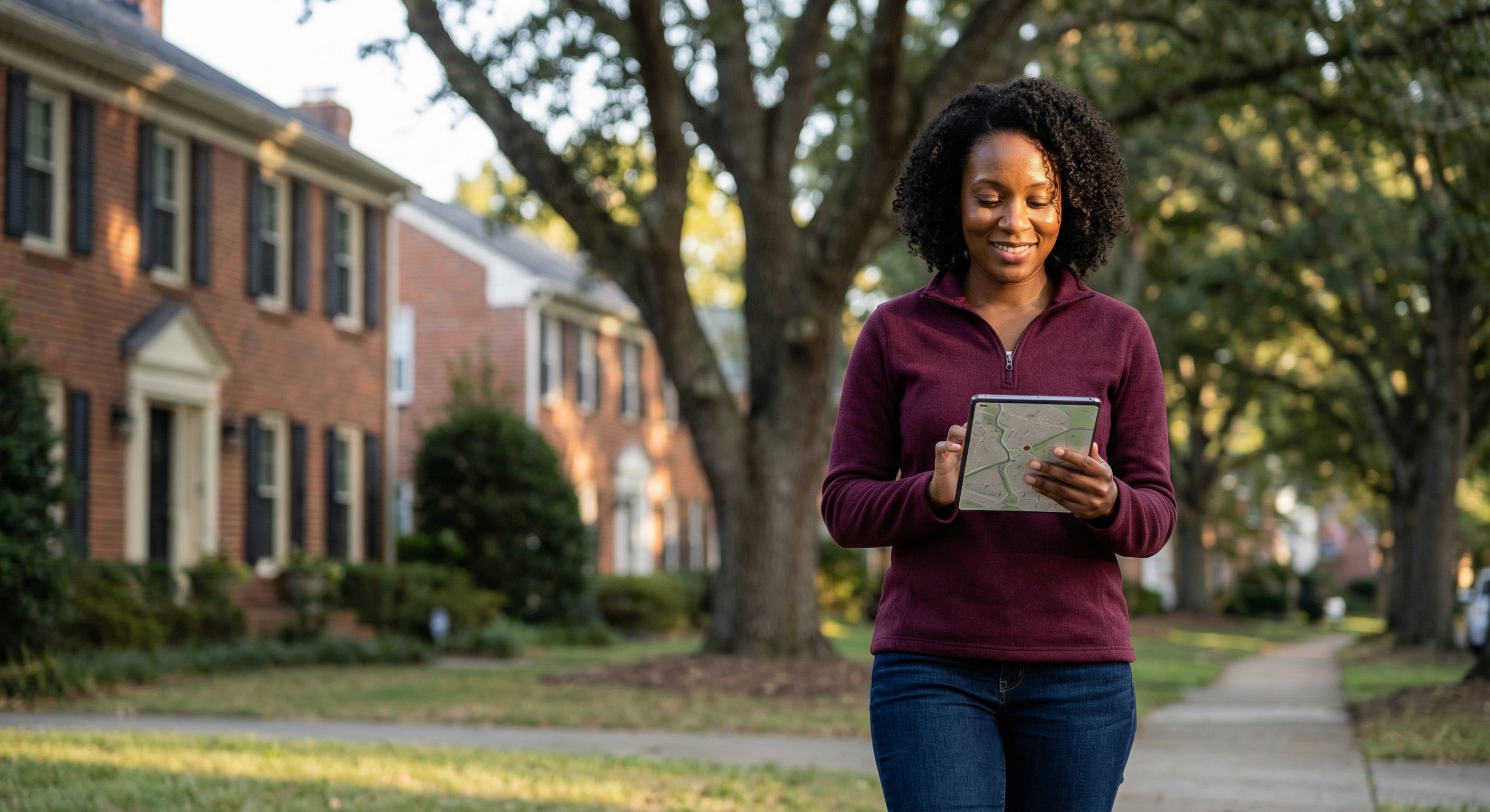 Real estate investor reviewing property lead data on a tablet while walking through a Charlotte, NC neighborhood, brick colonial homes visible on a tree-lined street behind her