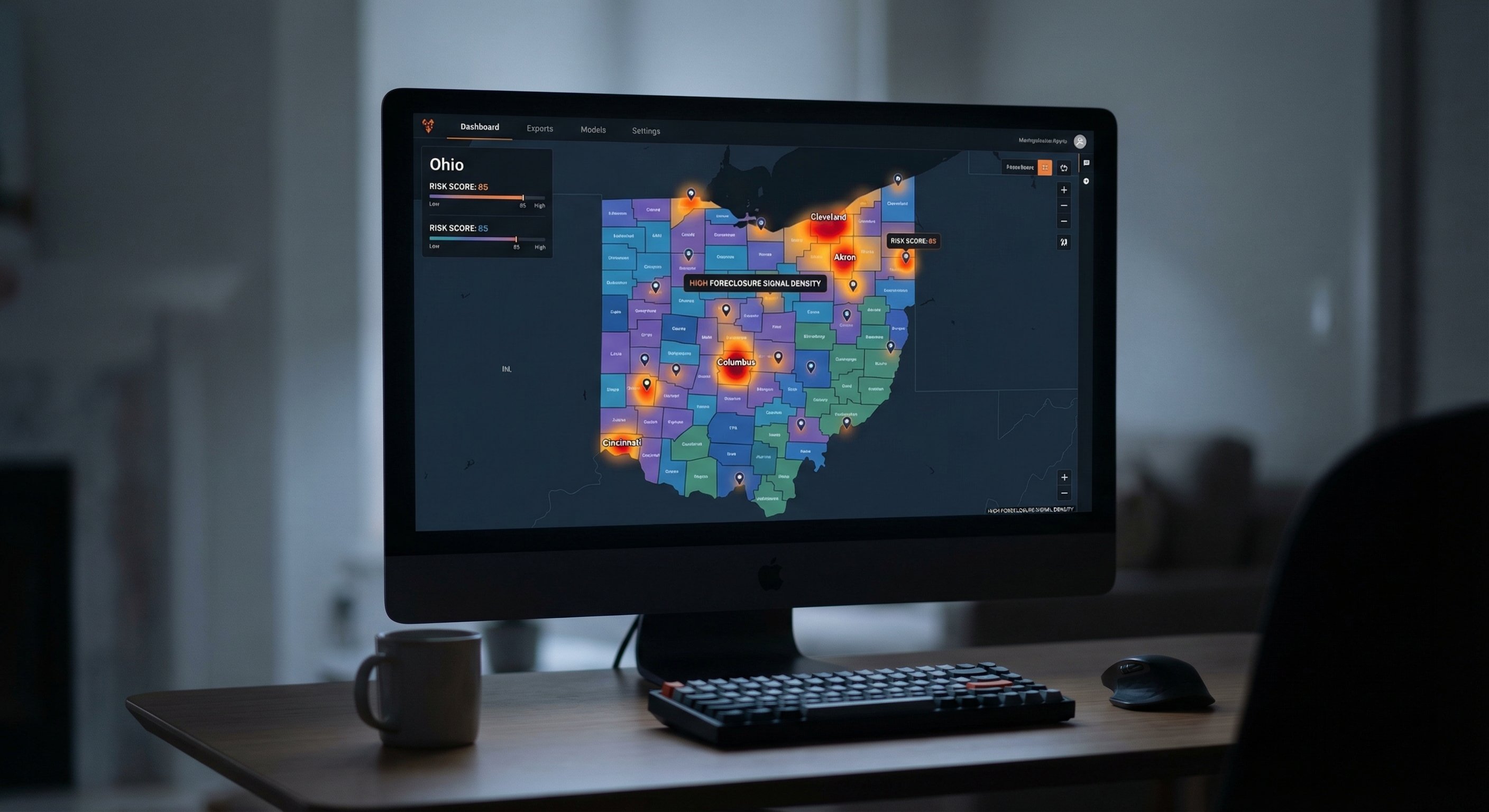 Ohio foreclosure signal heat map showing density across Cuyahoga, Franklin, and Hamilton counties