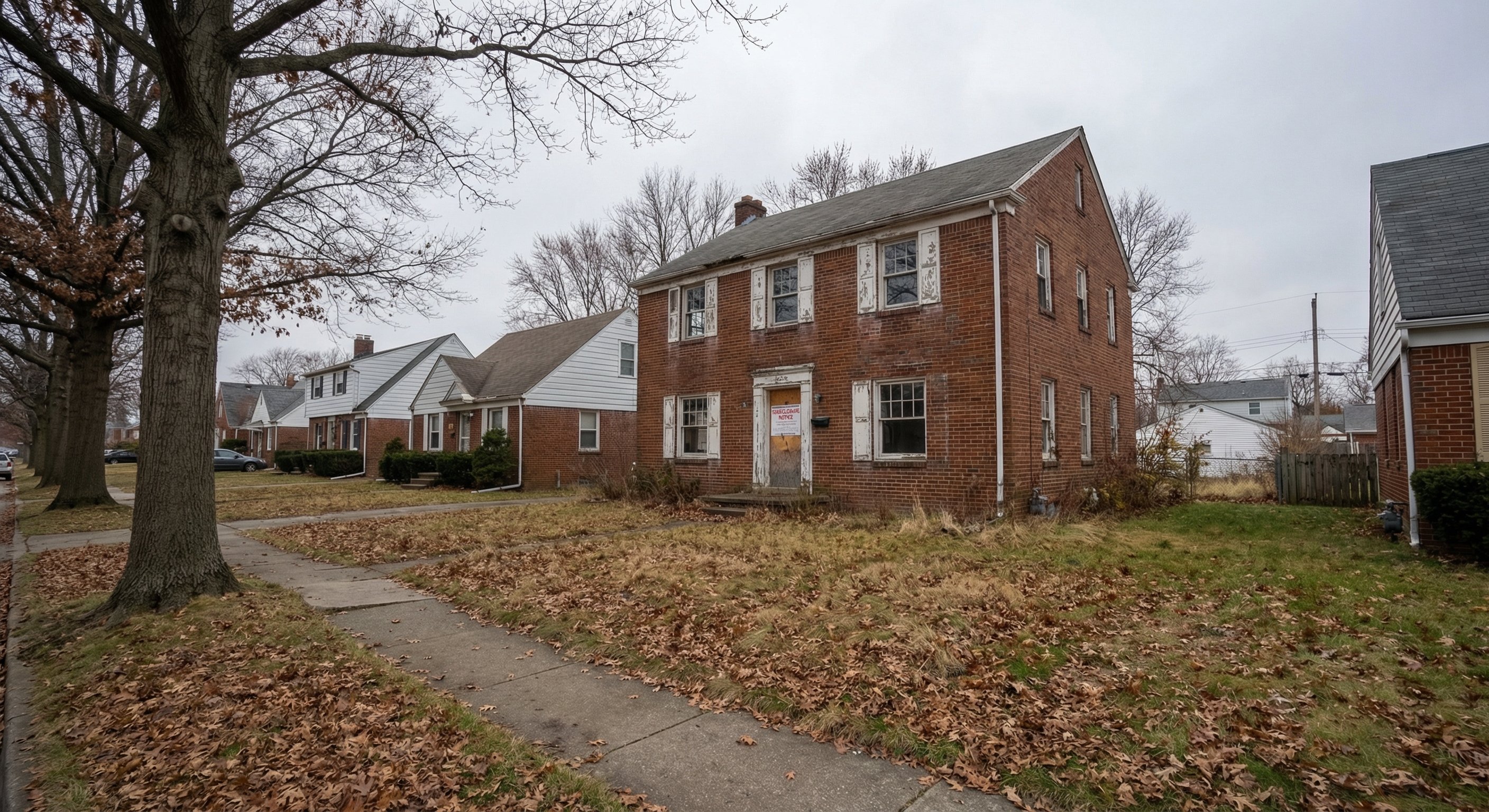 Two-story brick colonial home in an Ohio suburb with overgrown lawn and a notice posted on the front door