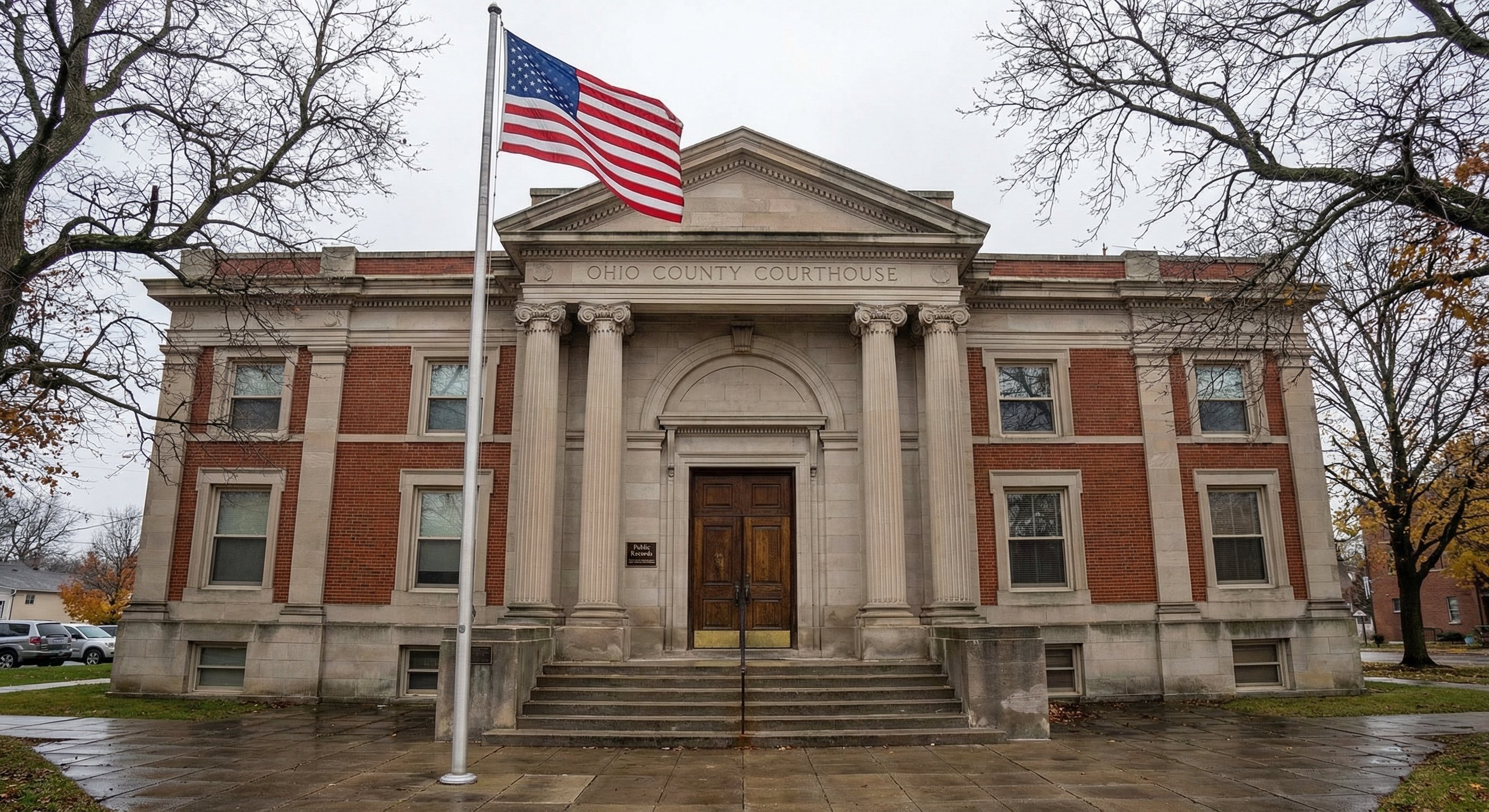 Ohio county courthouse exterior showing classical stone architecture with public records signage at the entrance