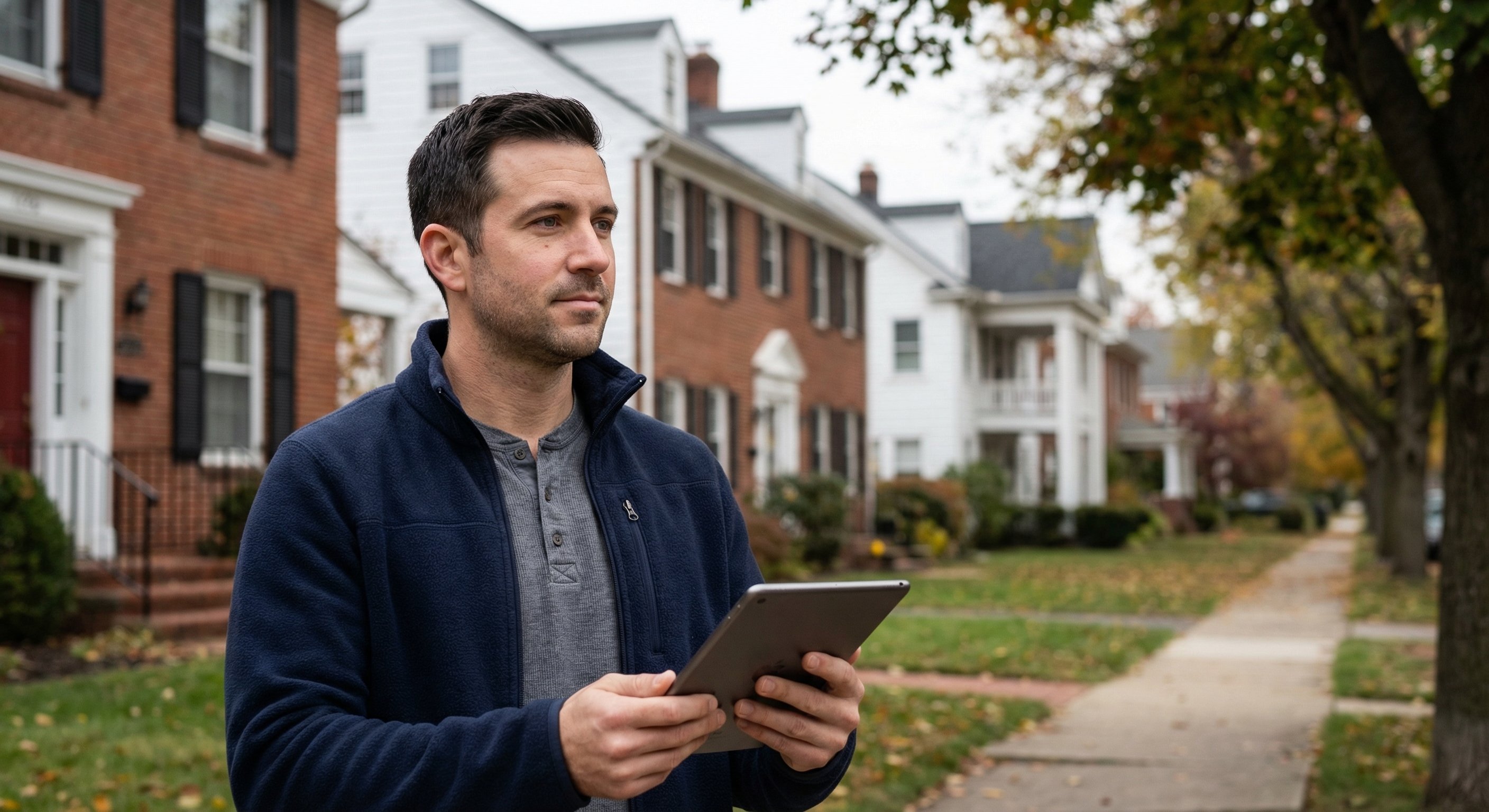Real estate investor walking through a Midwest neighborhood reviewing property data on a tablet, mid-morning light