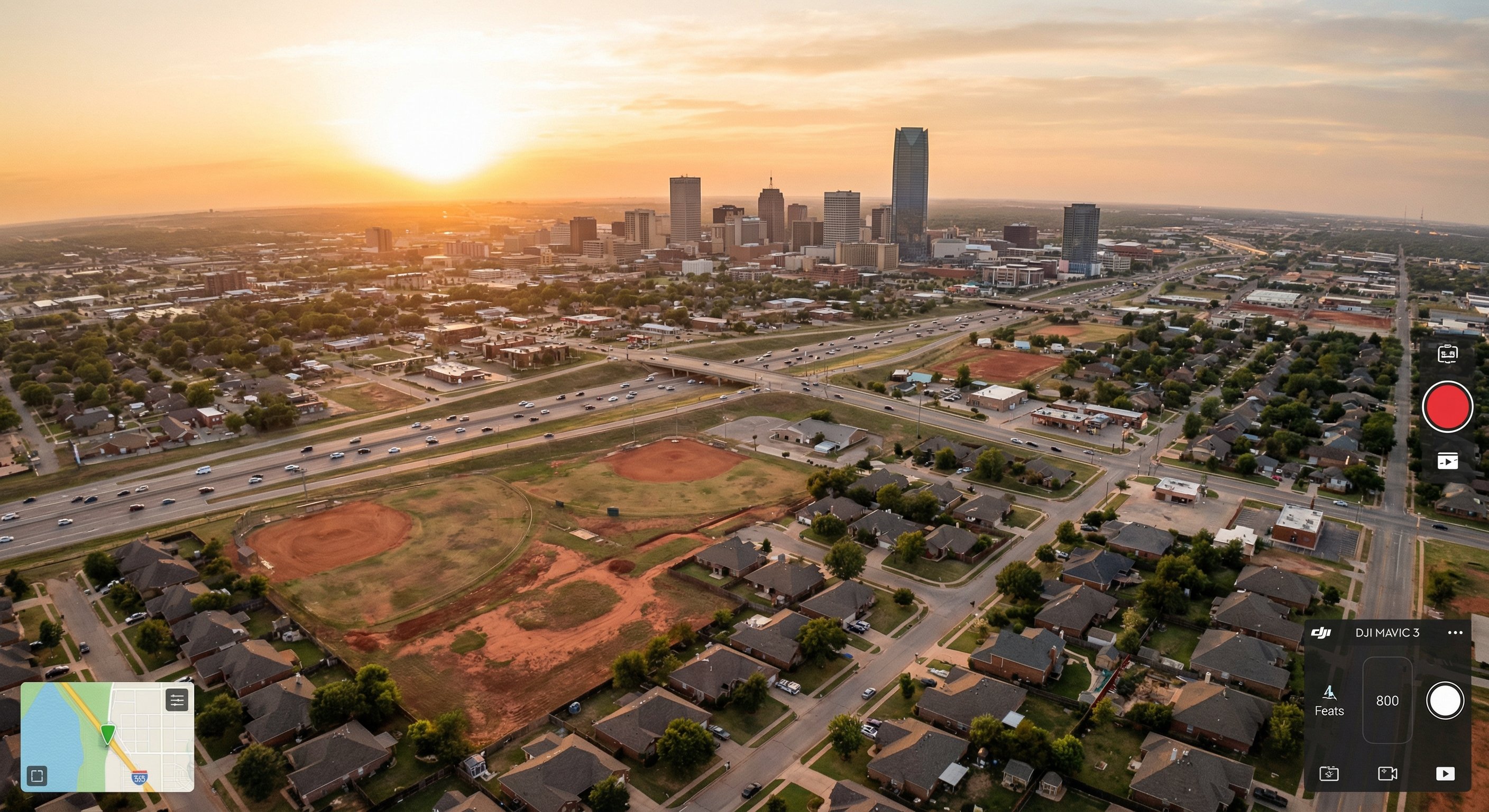 Oklahoma City skyline and suburban sprawl aerial view at golden hour