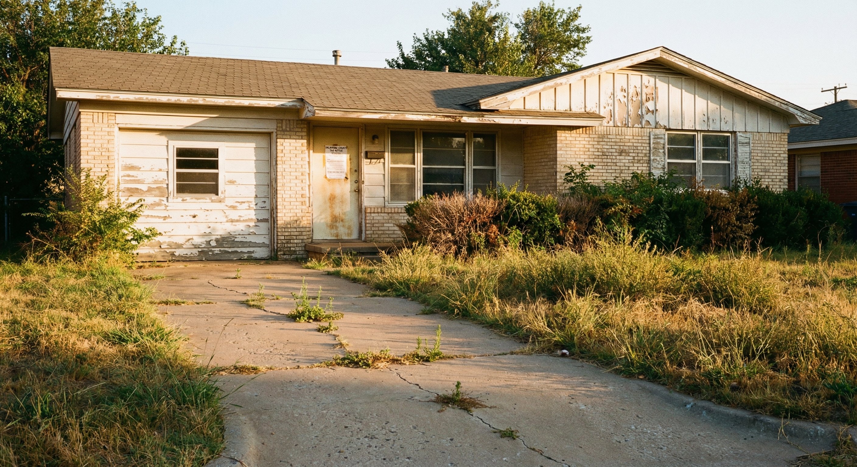 Neglected Oklahoma ranch home with county tax notice on door