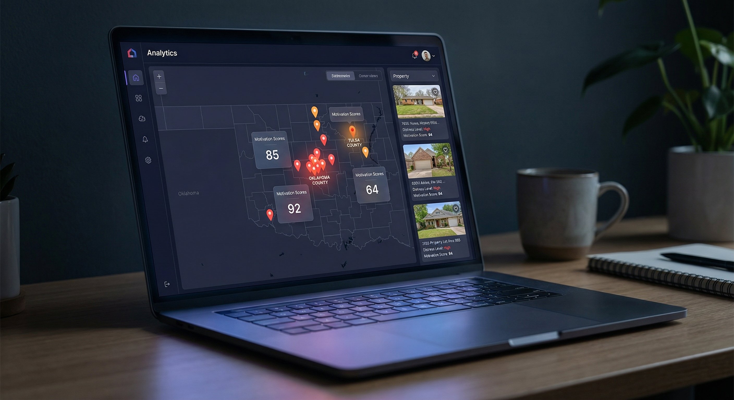 Property analytics dashboard showing Oklahoma distressed property map with motivation scores
