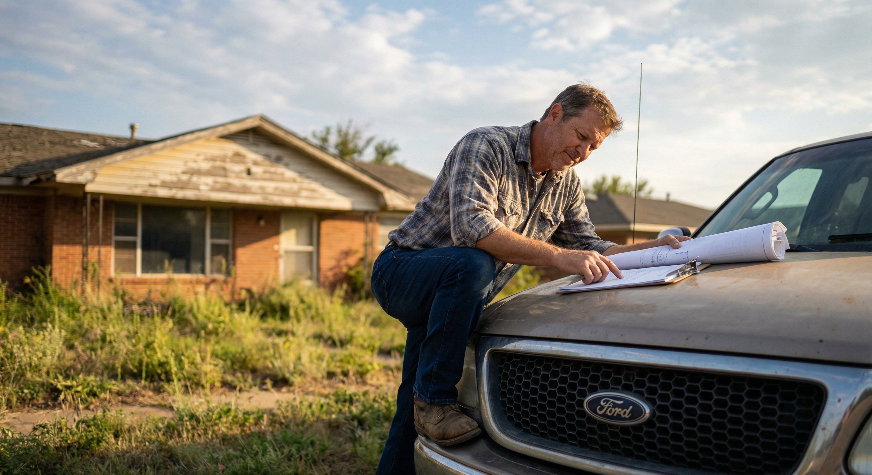 Real estate investor reviewing property documents on pickup truck in Oklahoma neighborhood