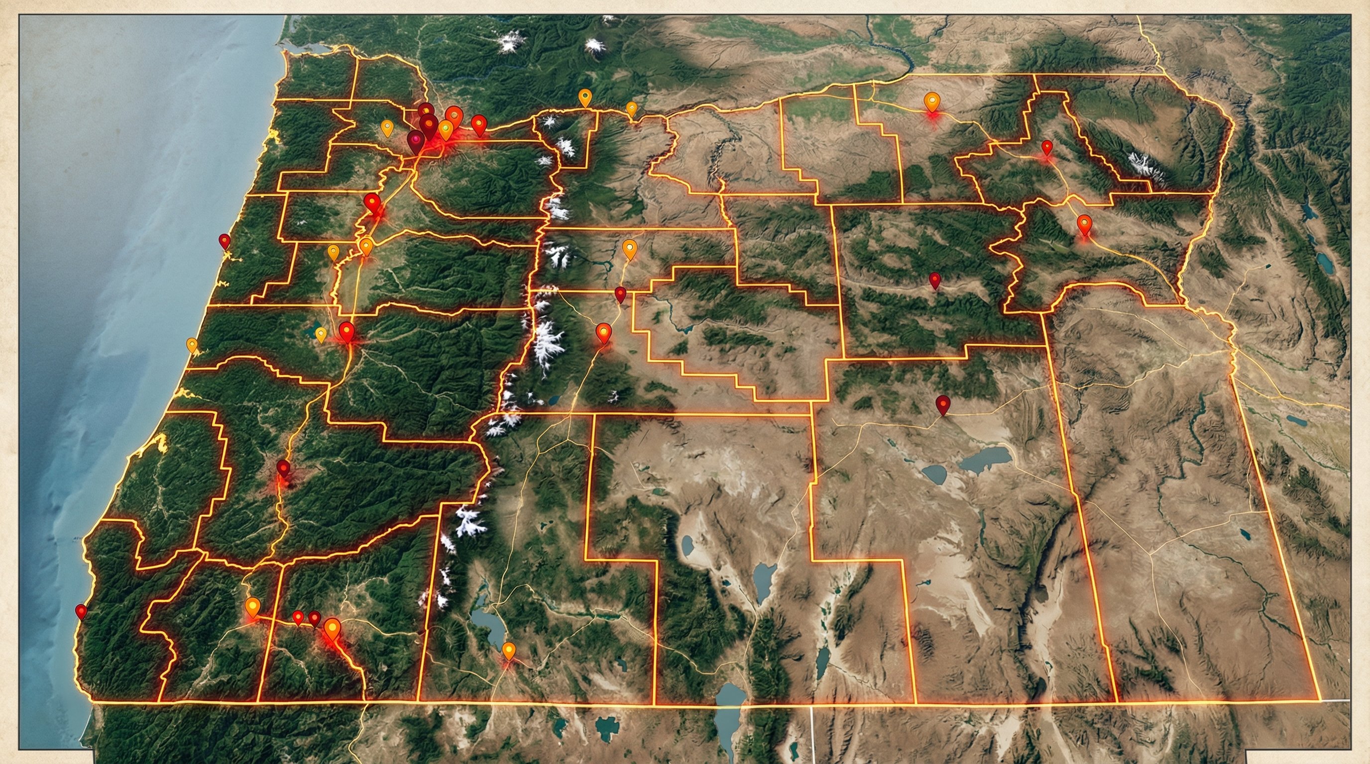 Oregon state map with distress signal overlays showing county-level foreclosure concentration areas