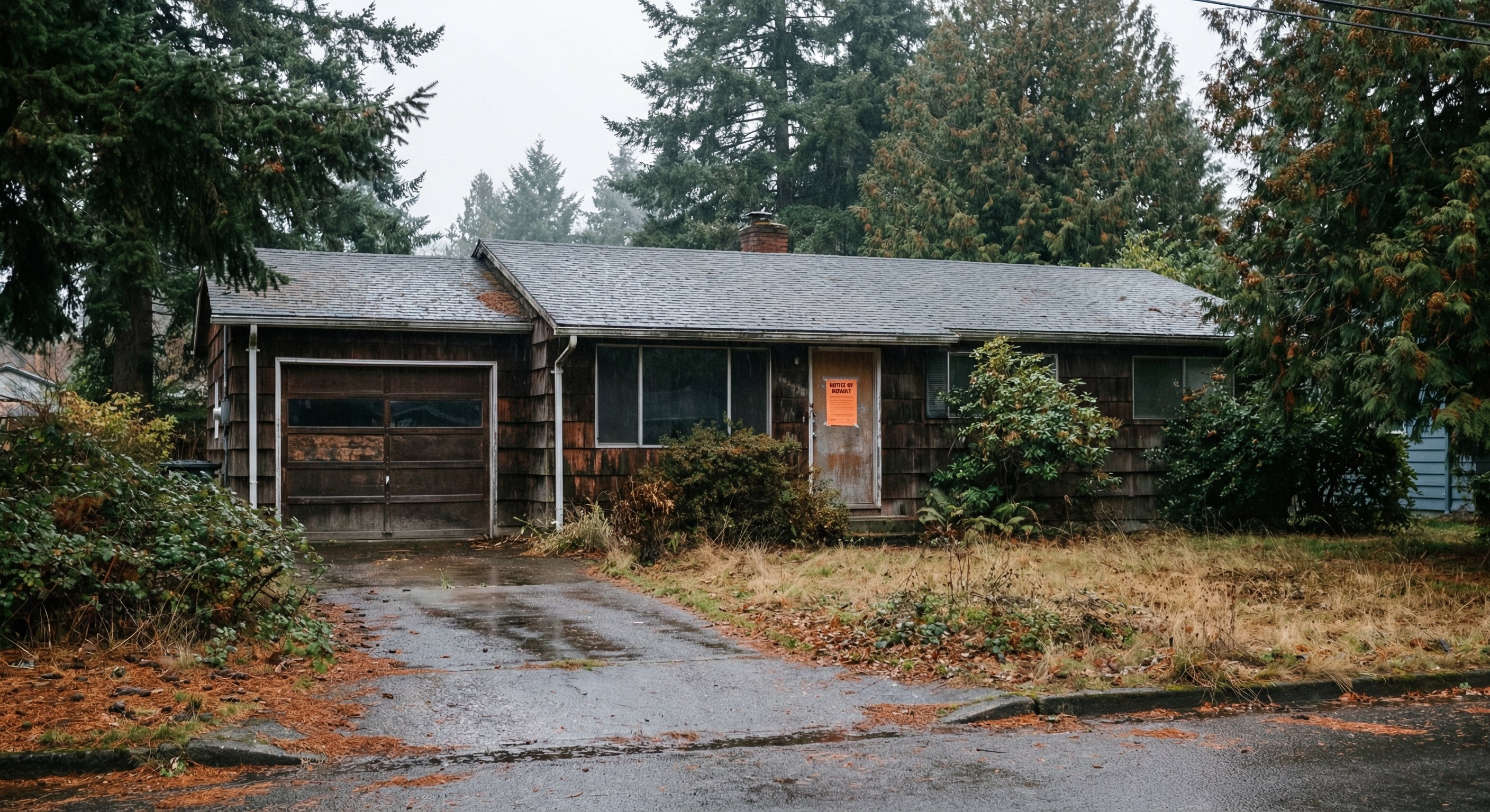 Pacific Northwest craftsman home in pre-foreclosure with Notice of Default visible on door