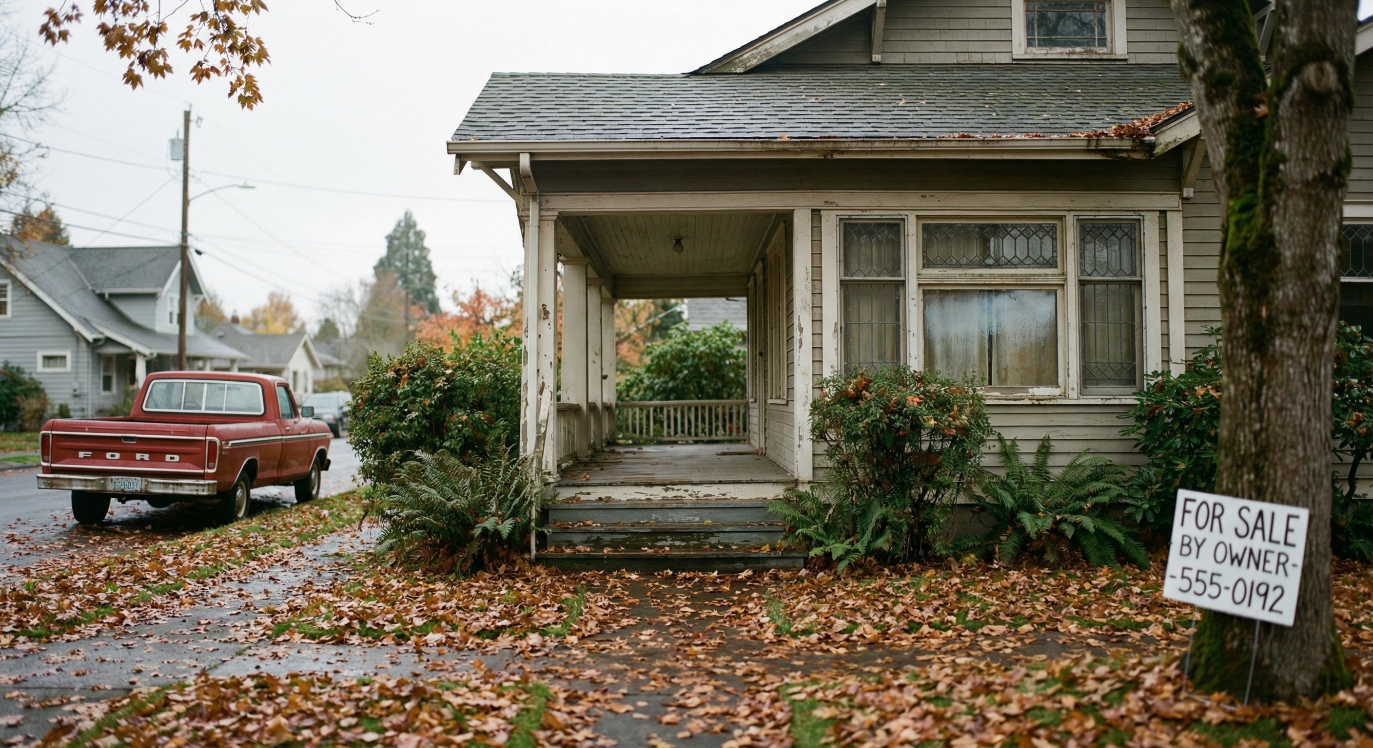 Craftsman home in Eugene Oregon with wild landscaping and overcast sky