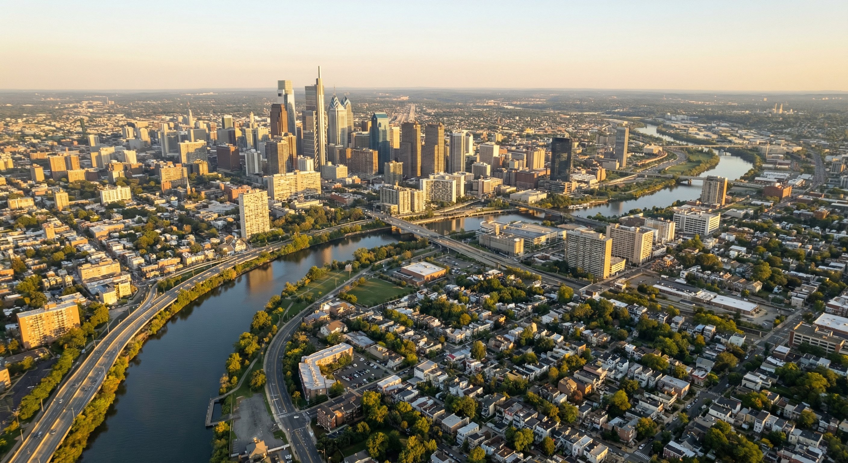 Aerial view of Philadelphia skyline and suburban neighborhoods with Schuylkill River visible