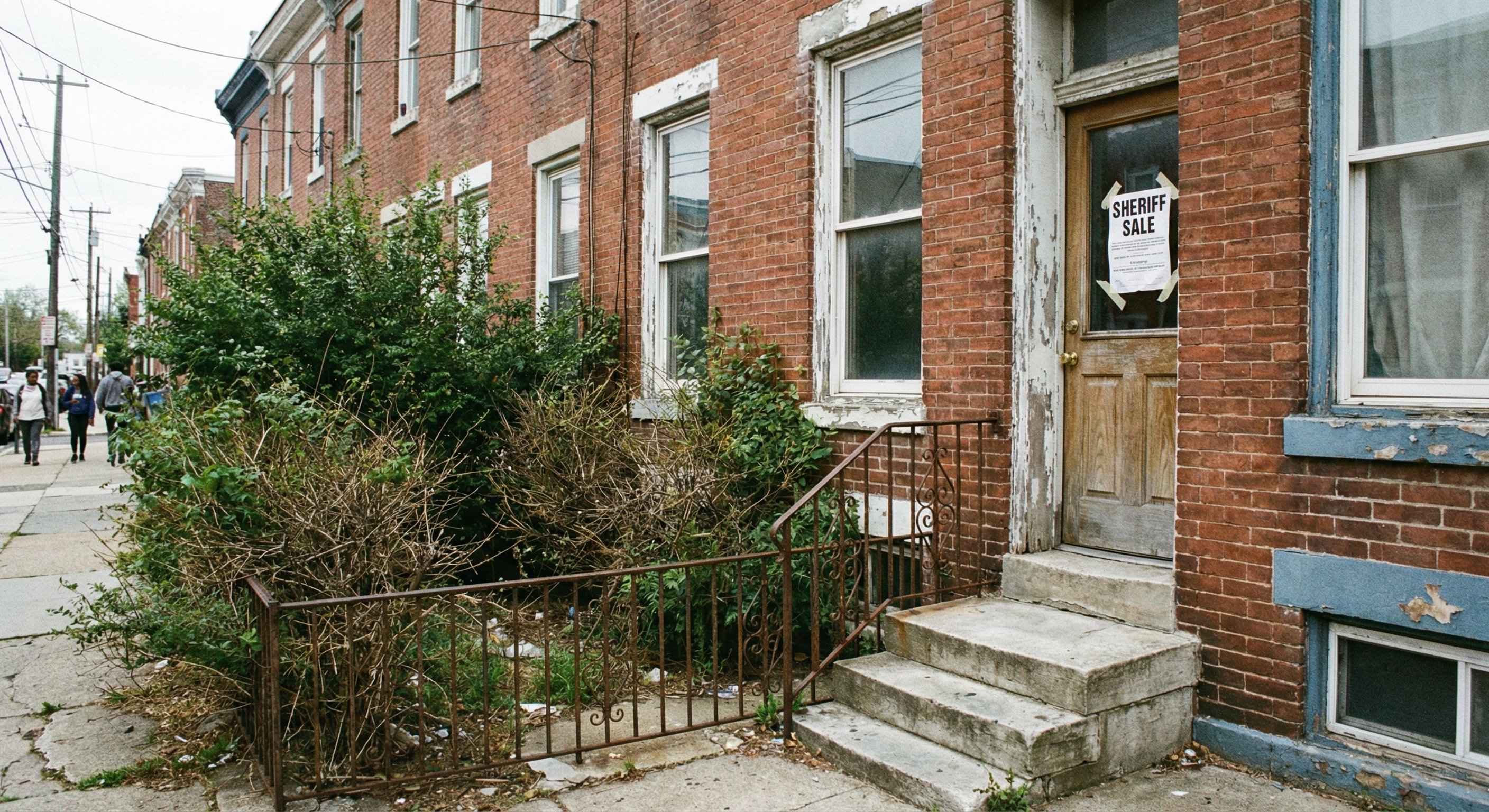 Weathered Philadelphia brick row house with sheriff sale notice on door and peeling facade