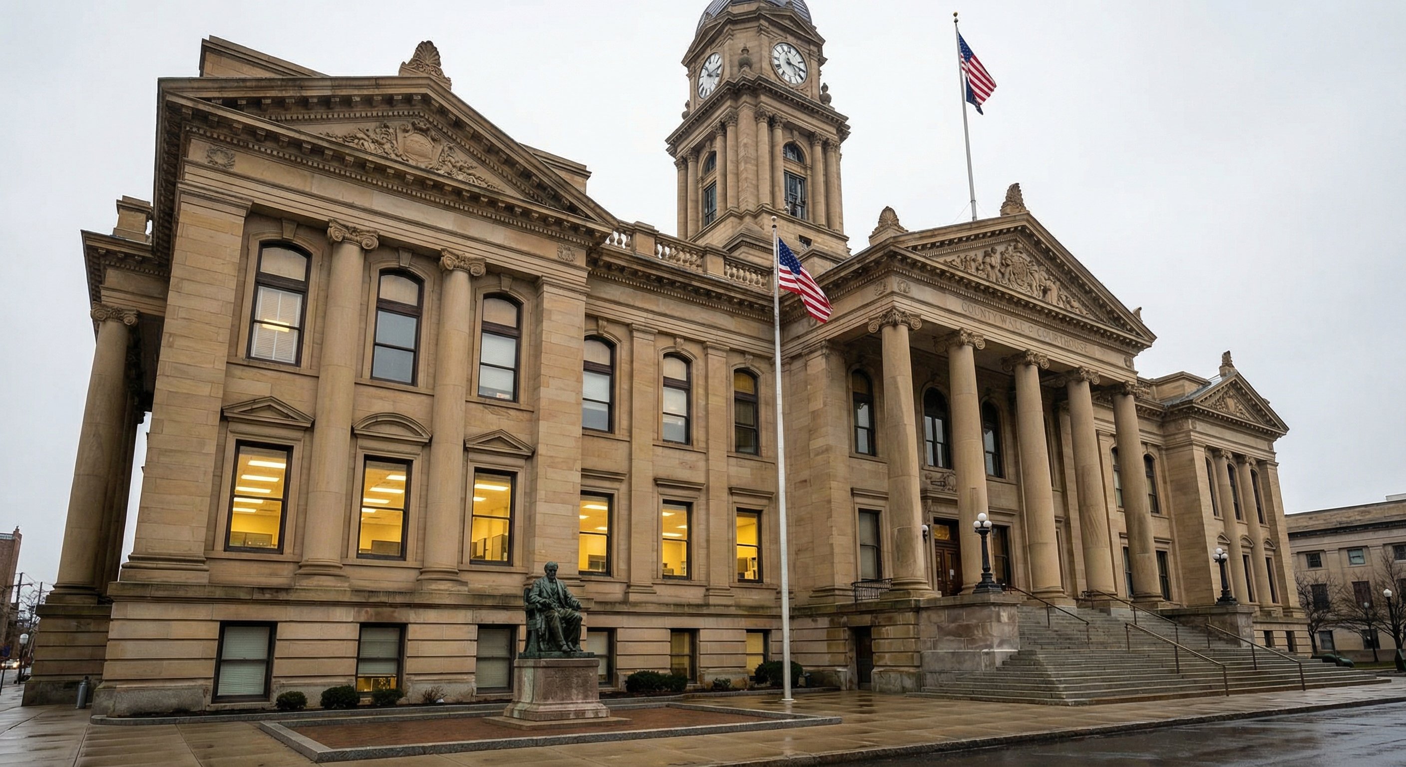 Pennsylvania county courthouse exterior with classical columns and clock tower