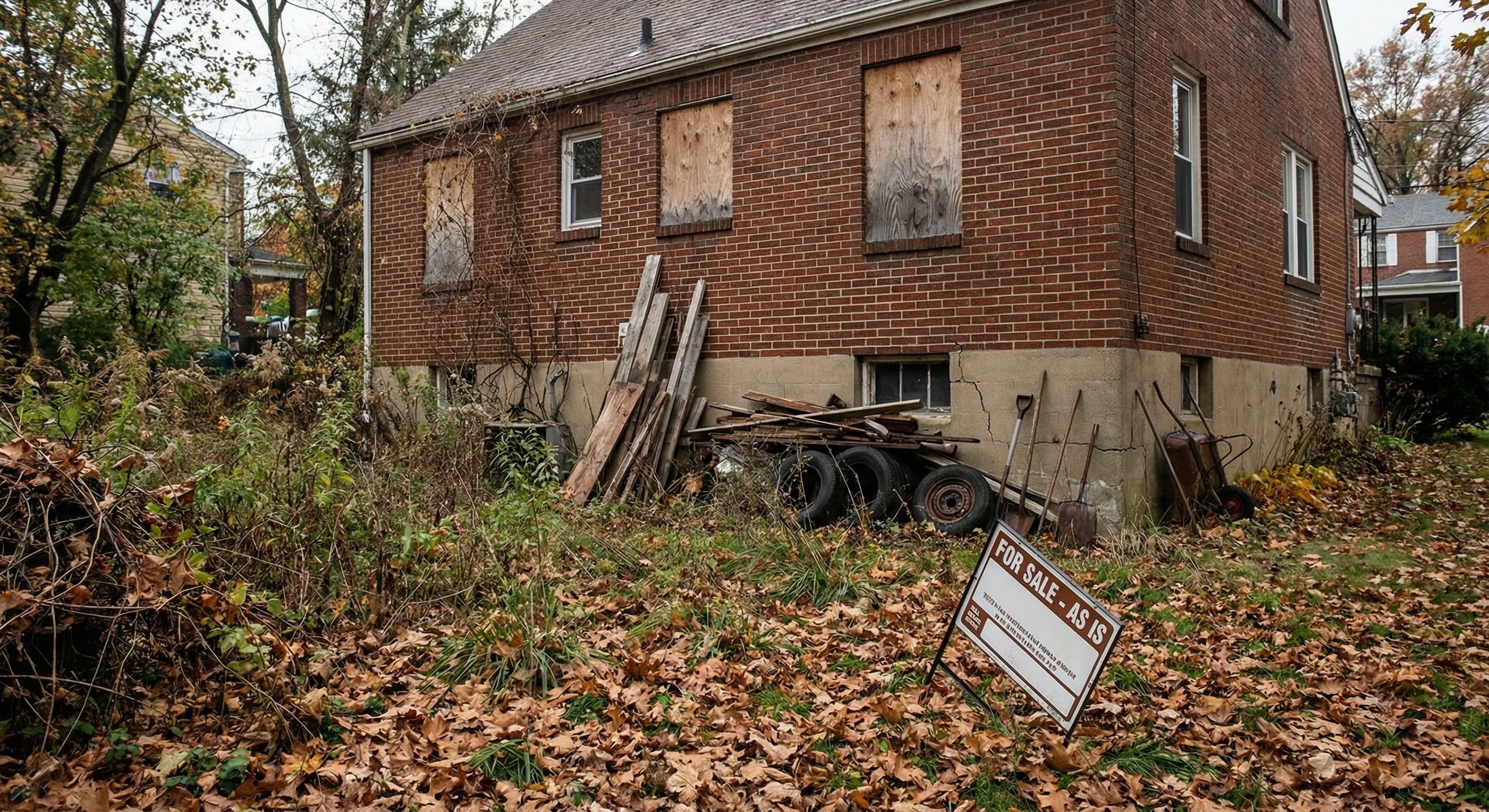 Neglected Pittsburgh two-story brick home with overgrown yard and boarded windows