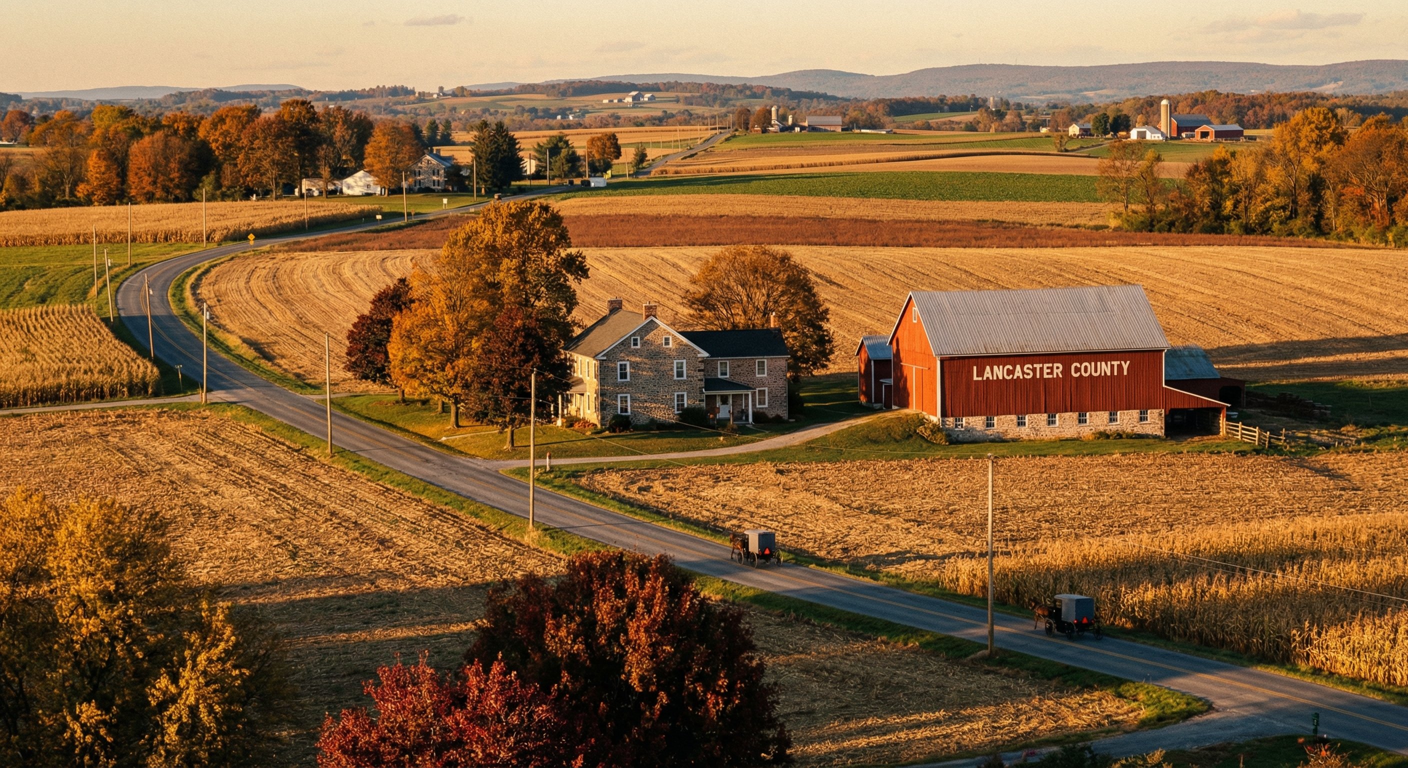 Pennsylvania Dutch countryside with Lancaster County farmland and red barn in autumn light