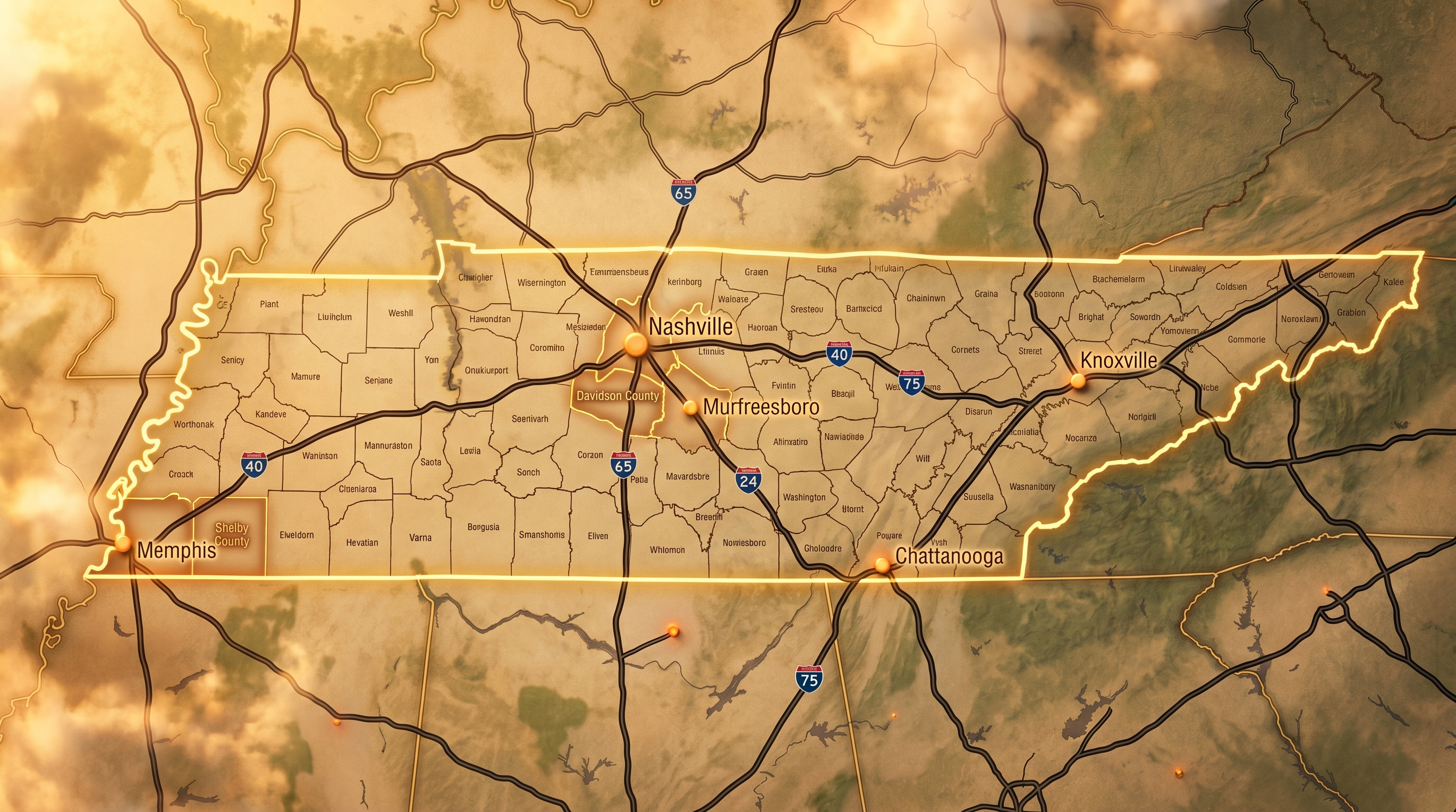 A Tennessee state map showing Memphis, Nashville, Knoxville, and Shelby and Davidson counties highlighted