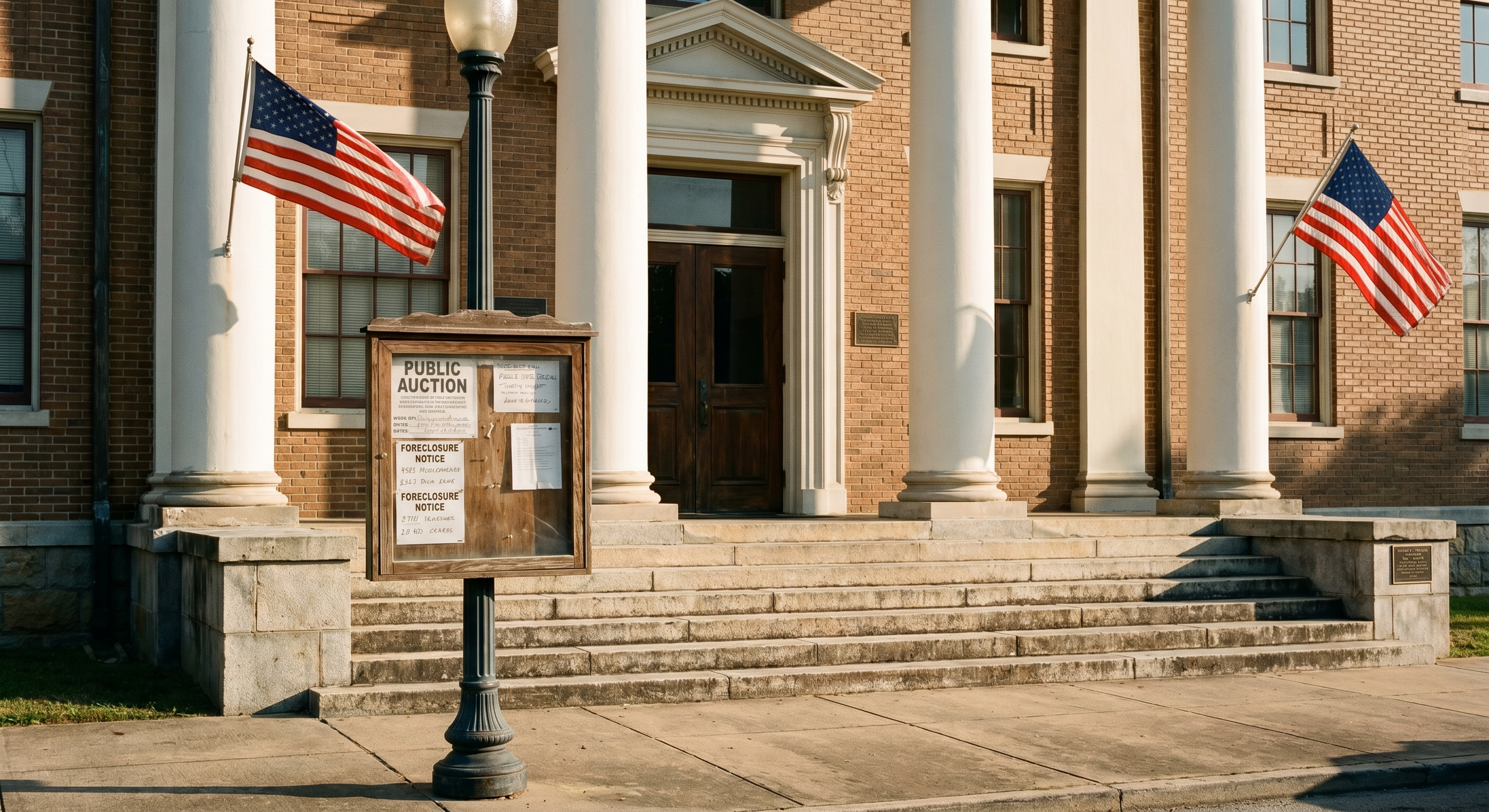 A Tennessee county courthouse steps with auction notice signage