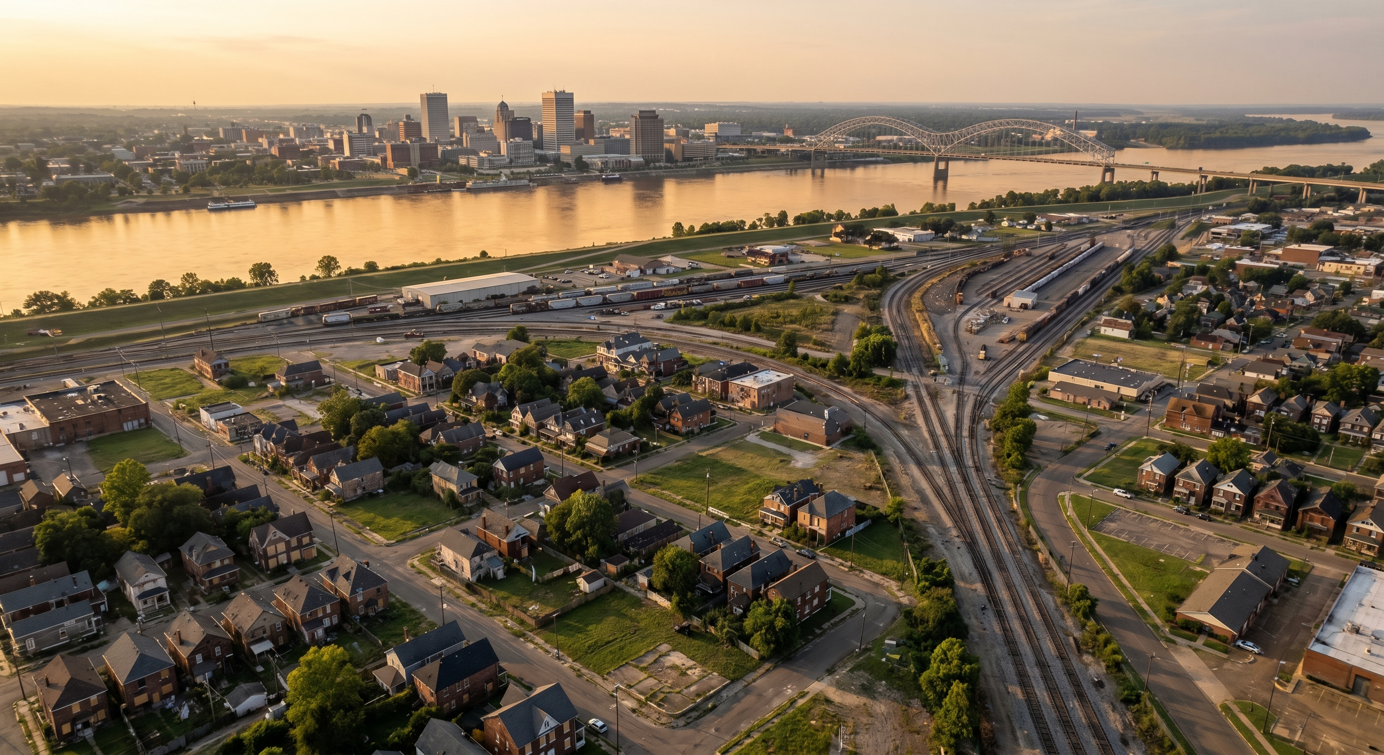 Aerial view of Memphis neighborhoods showing Mississippi River and urban housing density